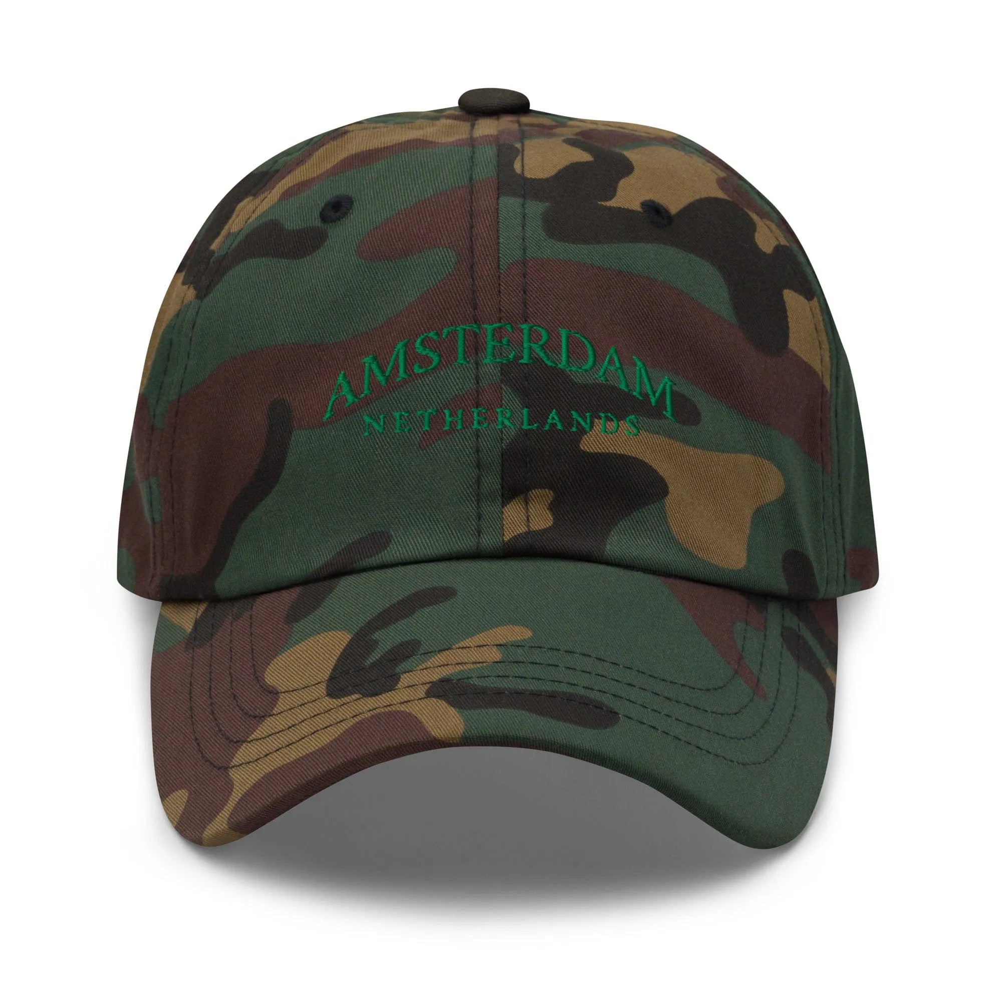 Green Camo Dad Hat featuring Amsterdam embroidery - a sleek and versatile casual hat for urban adventures and relaxed outings.