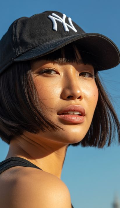 A woman in a casual outfit wearing a black hat on a clear day with blue sky.