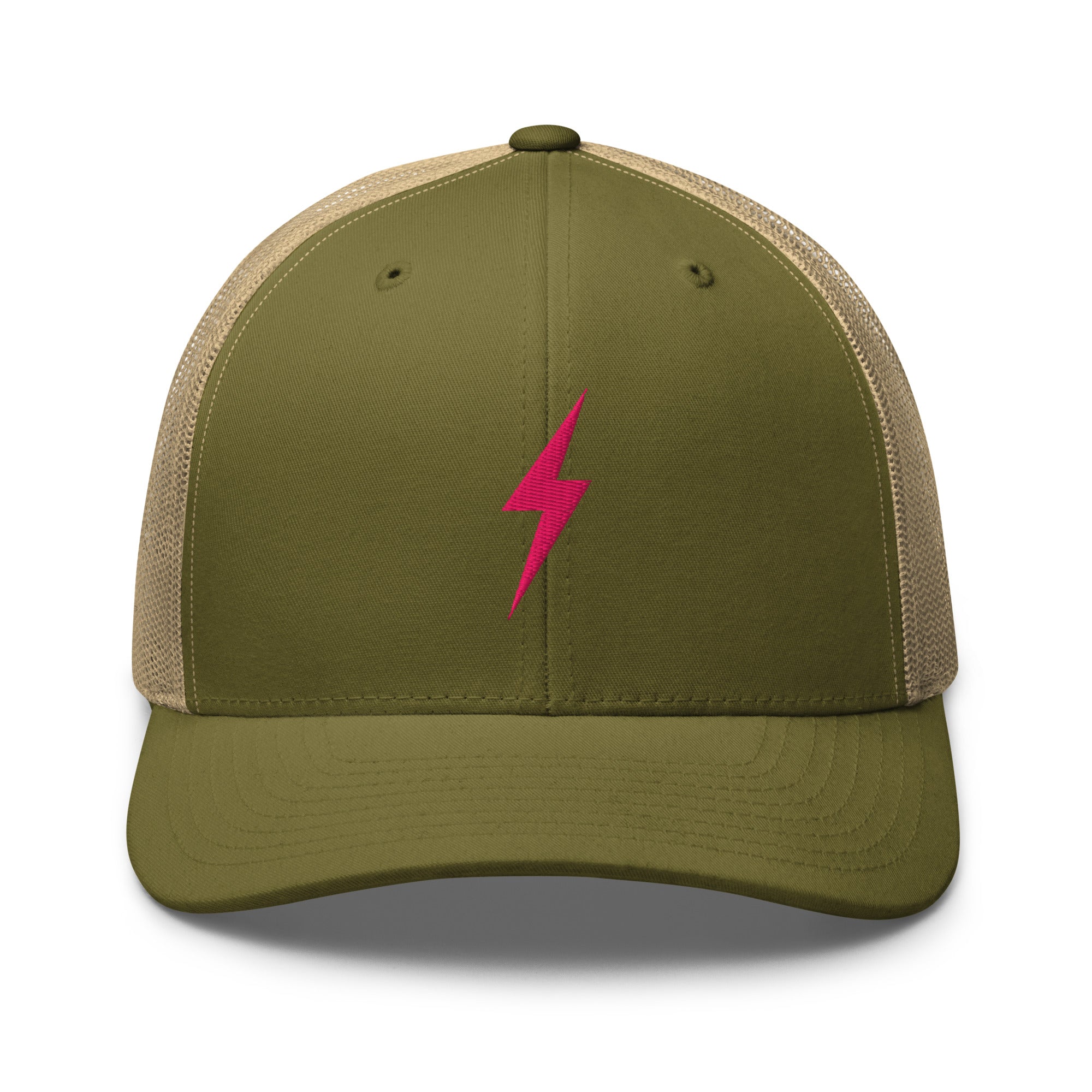Army green trucker hat with pink lightning bolt design on front panel
