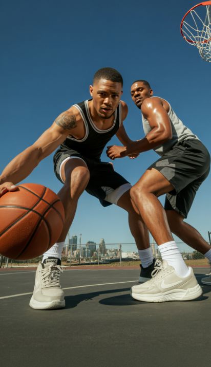 Two basketball players are in action on an outdoor court, wearing athletic sneakers, with a clear blue sky.