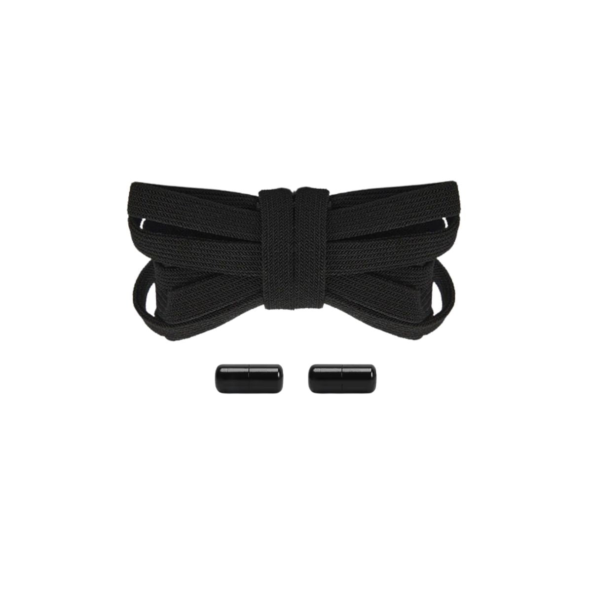 Black elastic no-tie shoelaces with matte capsule lock system for a premium all-black sneaker finish, easy slip-on fit.