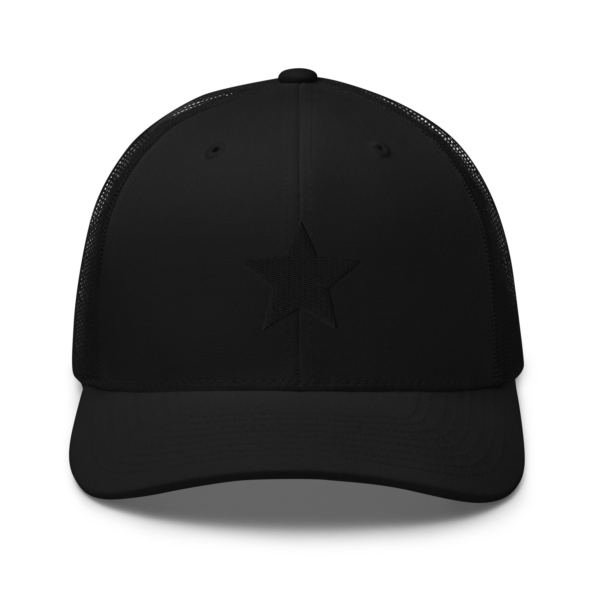 Black truckers cap with an embroidered black star, structured front, mesh back, and adjustable fit by Kicks Shoelaces