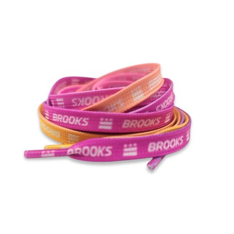 Set of pink, orange, and purple running custom shoelaces with 'Brooks' branding on by Kicks Shoelaces