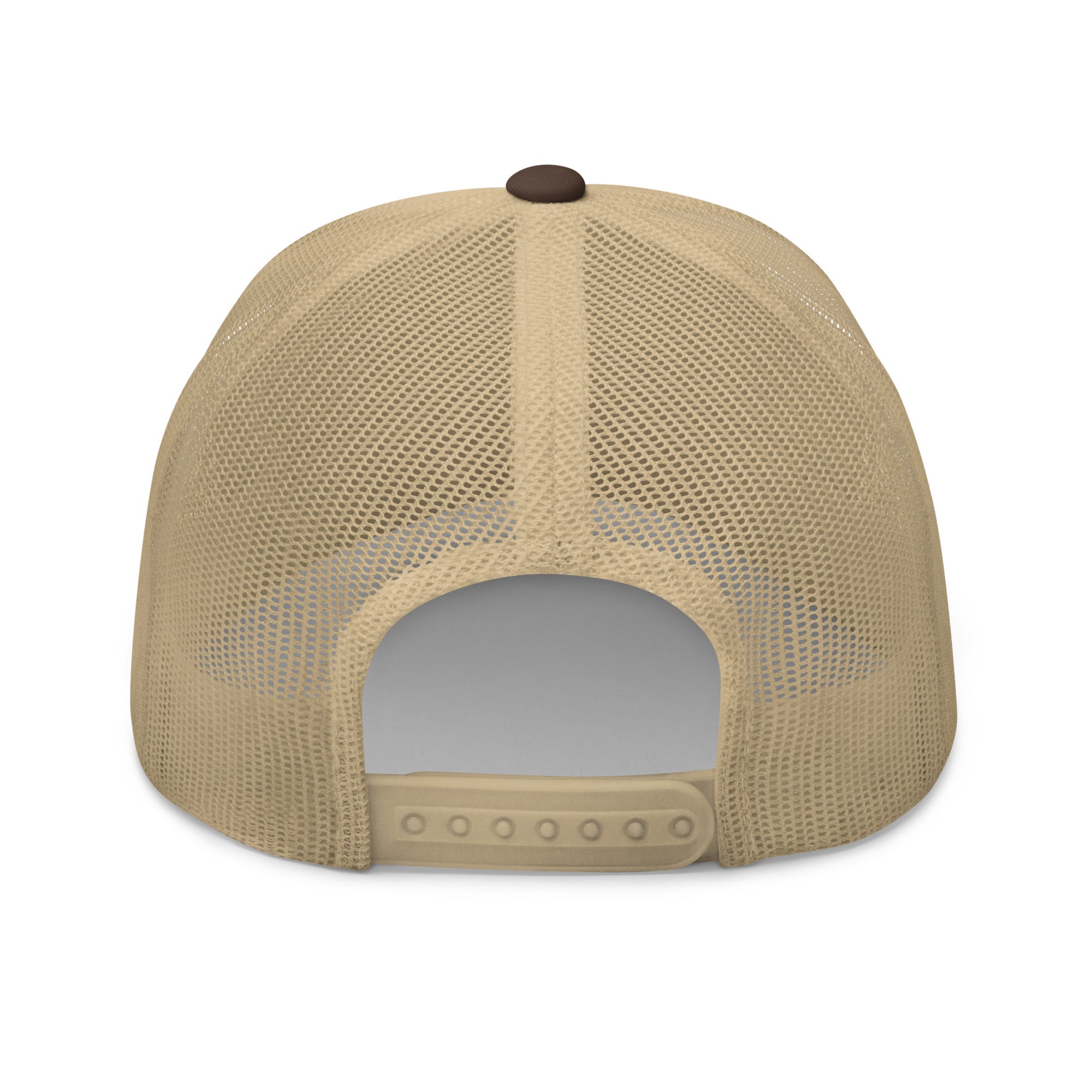 Rear view of brown and khaki truckers hat with adjustable snapback closure