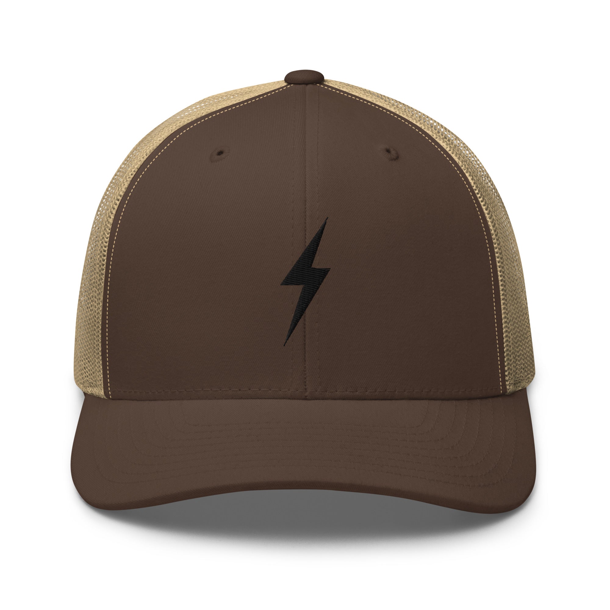 Brown and khaki trucker hat with a black lightning bolt design on front panel