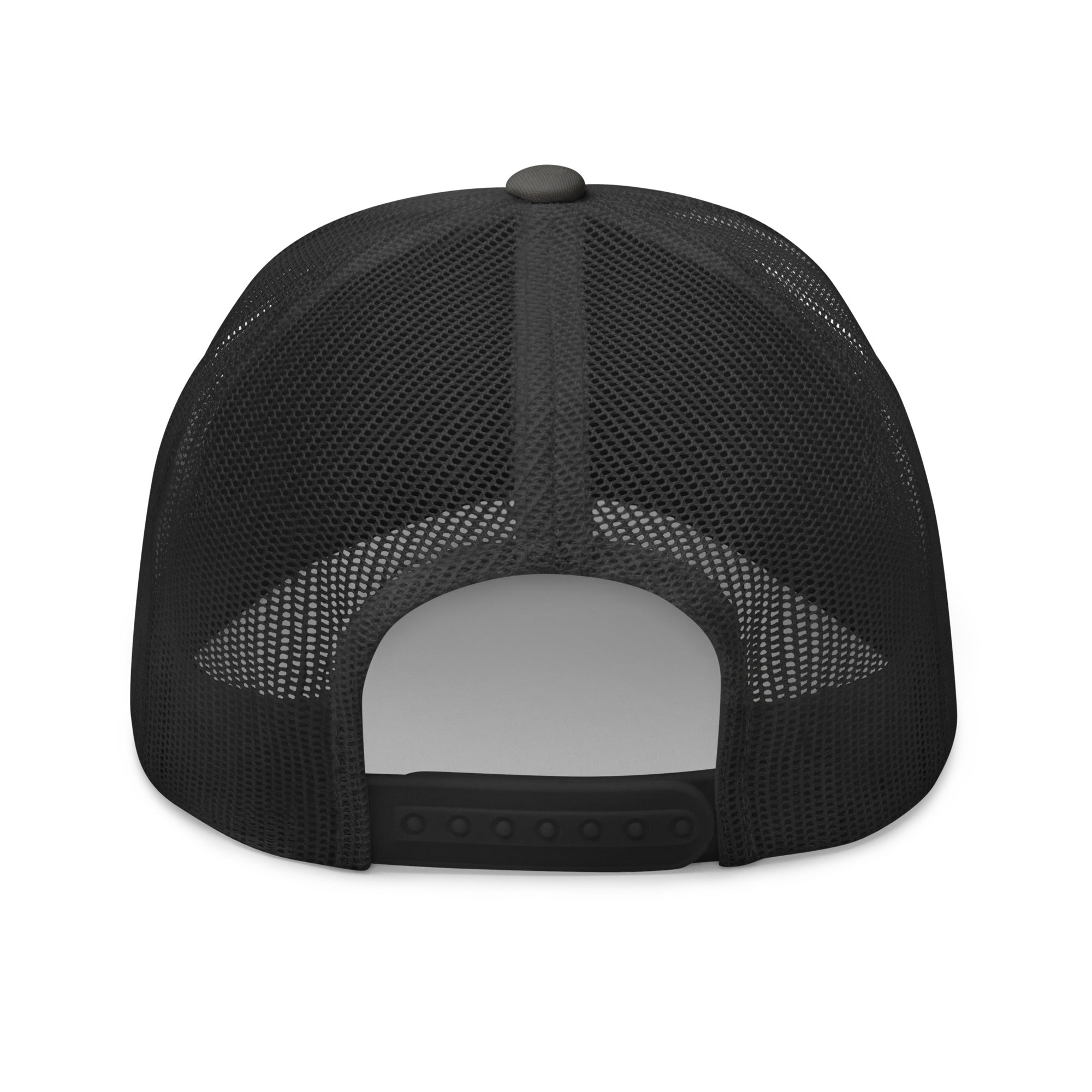 Rear view of charcoal truckers hat with adjustable snapback closure