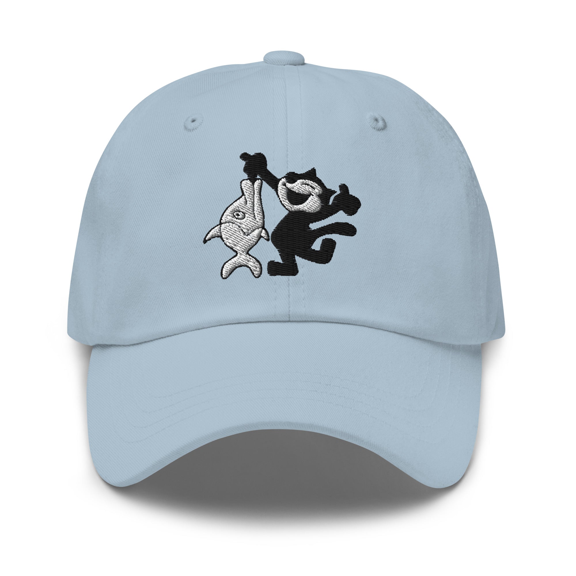 Light blue dad hat featuring a 1920 Felix the Cat fishing design from Disney’s early animation era