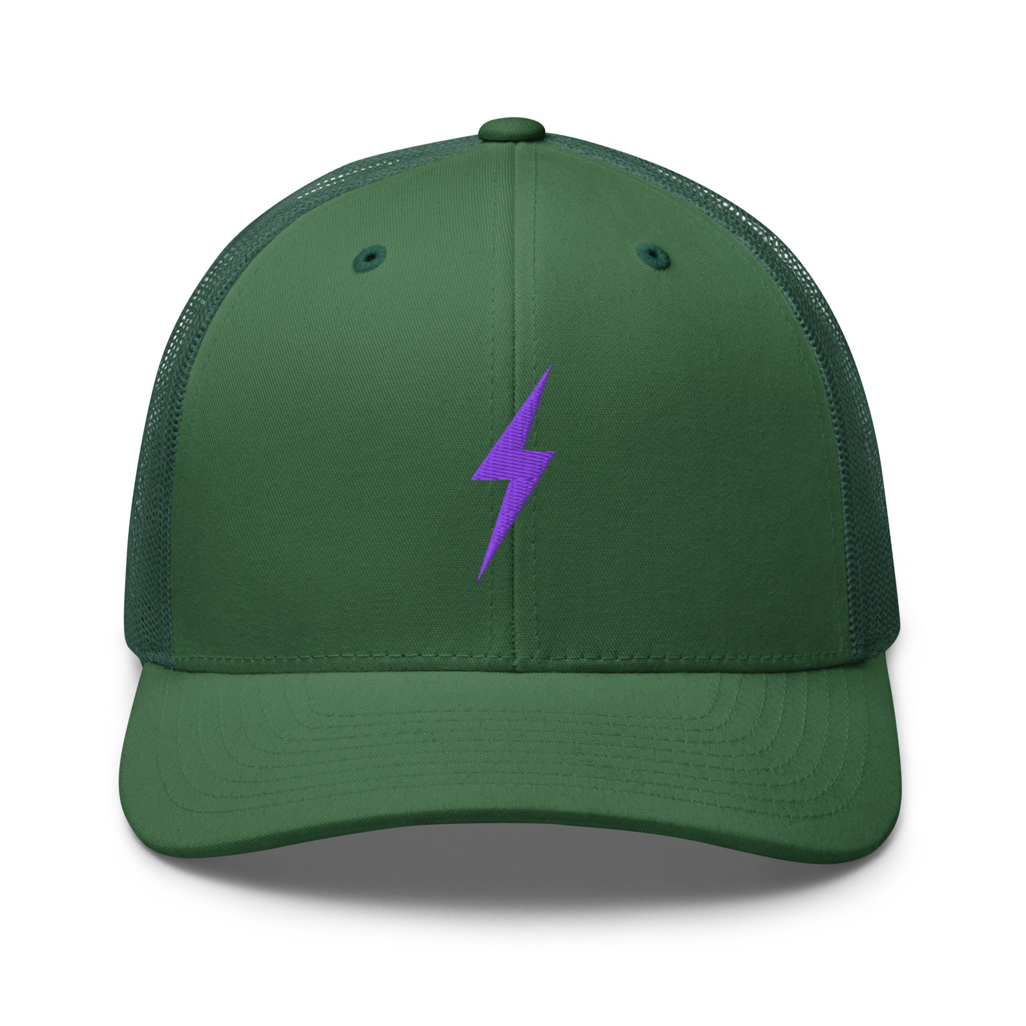Green trucker hat with an embroidered purple lightning bolt design on the front panel