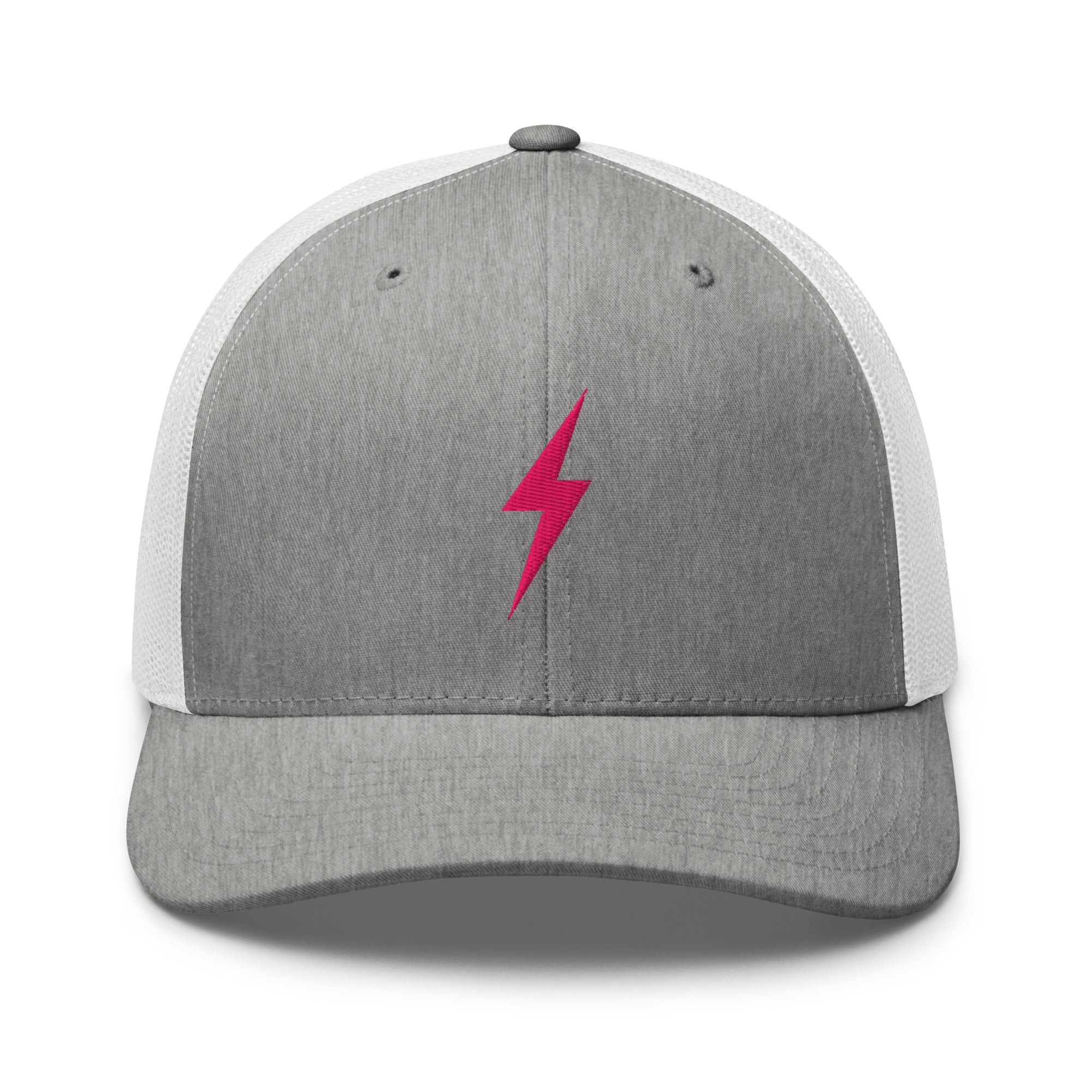Grey and white trucker hat with pink lightning bolt design on front panel