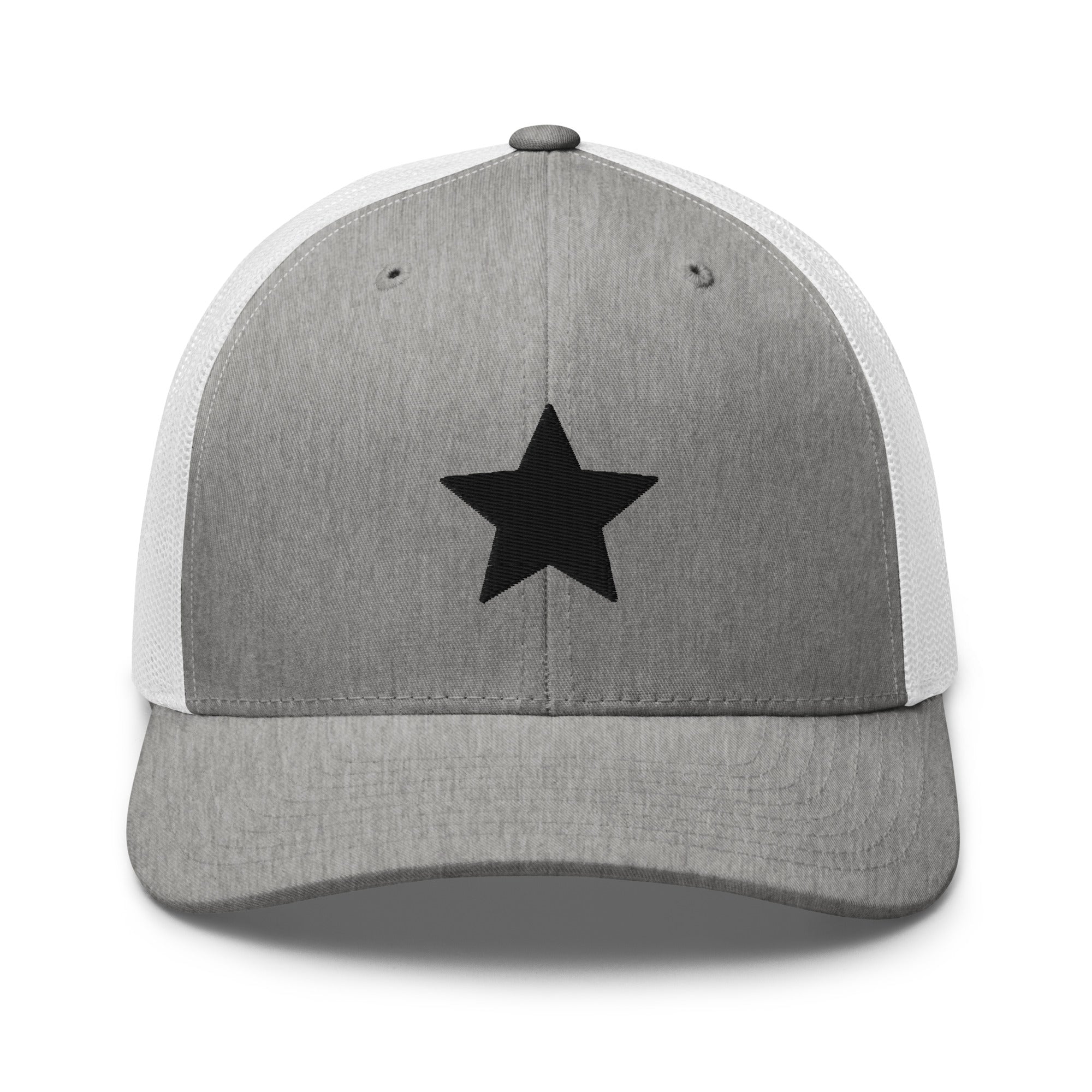 Grey and white truckers cap with an embroidered black star, structured front, mesh back, and adjustable fit by Kicks Shoelaces