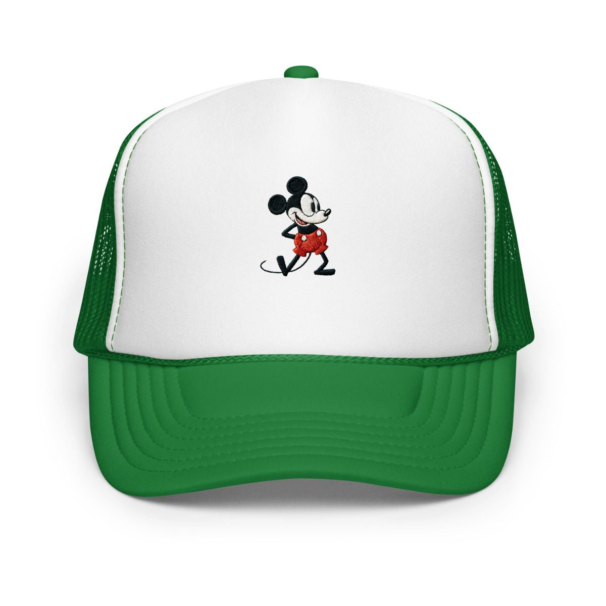 Green and white foam trucker hat with a 1928 Mickey Mouse cartoon character embroidered on it.