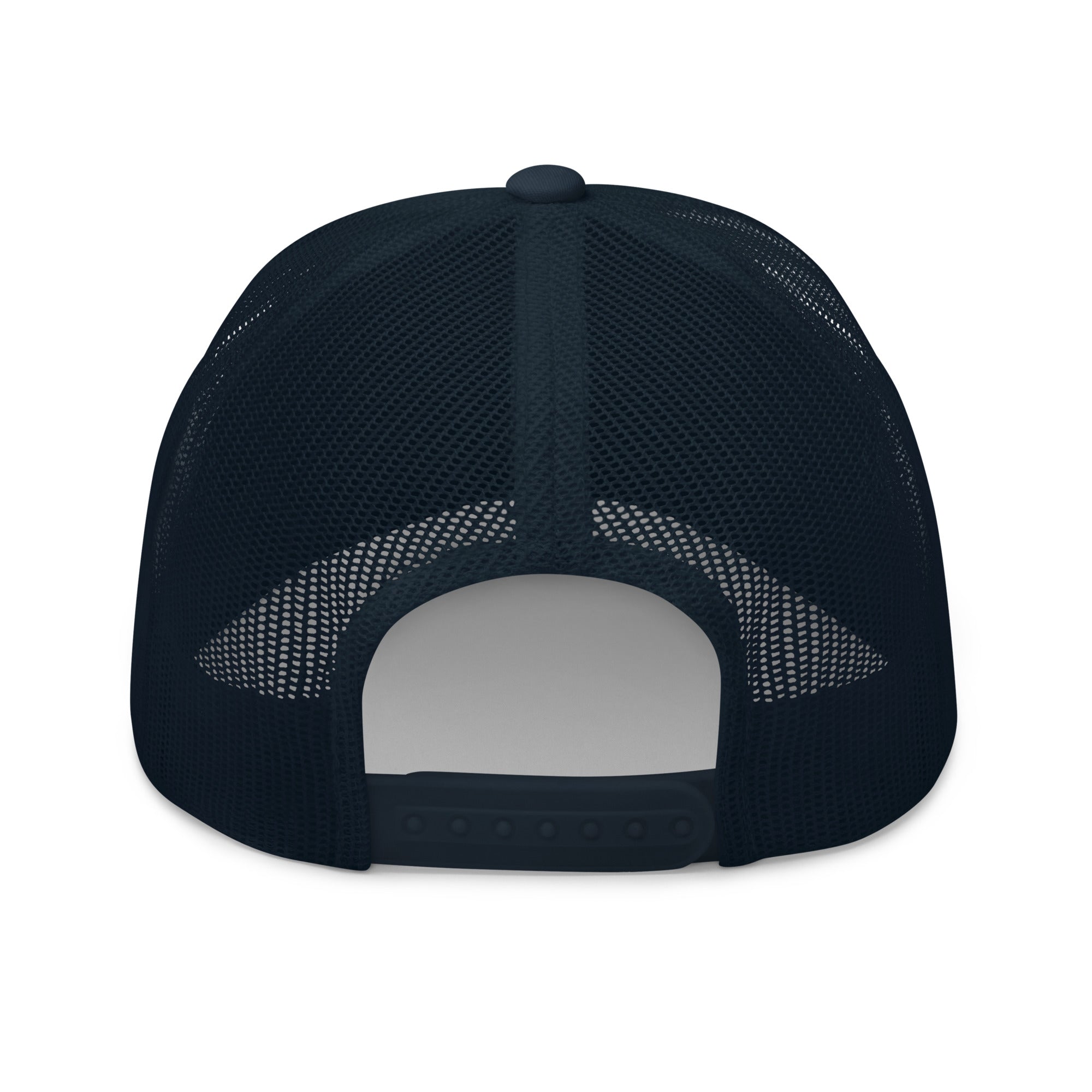 Rear view of navy truckers cap with black star, adjustable snapback closure