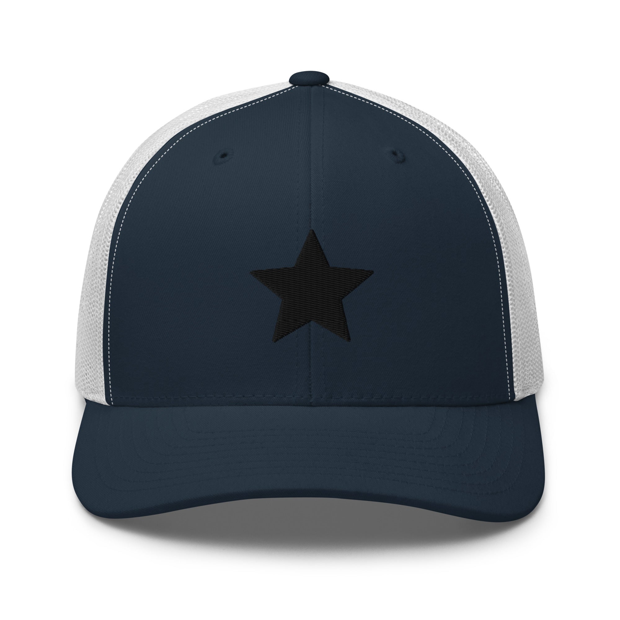 navy and white truckers cap with an embroidered black star, structured front, mesh back, and adjustable fit by Kicks Shoelaces