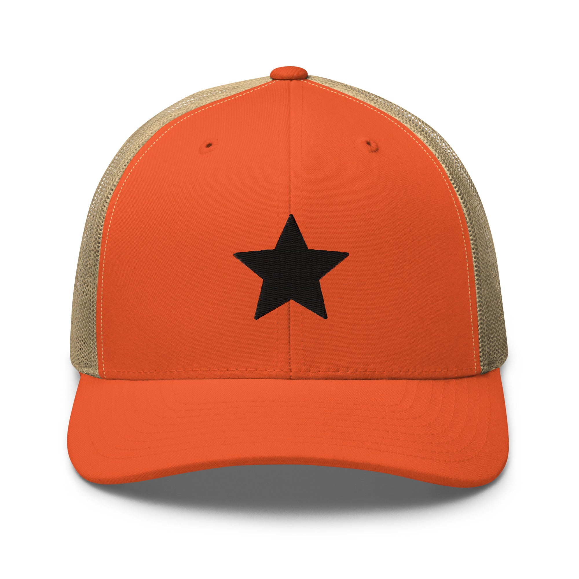 Orange and khaki truckers cap with an embroidered black star, structured front, mesh back, and adjustable fit by Kicks Shoelaces