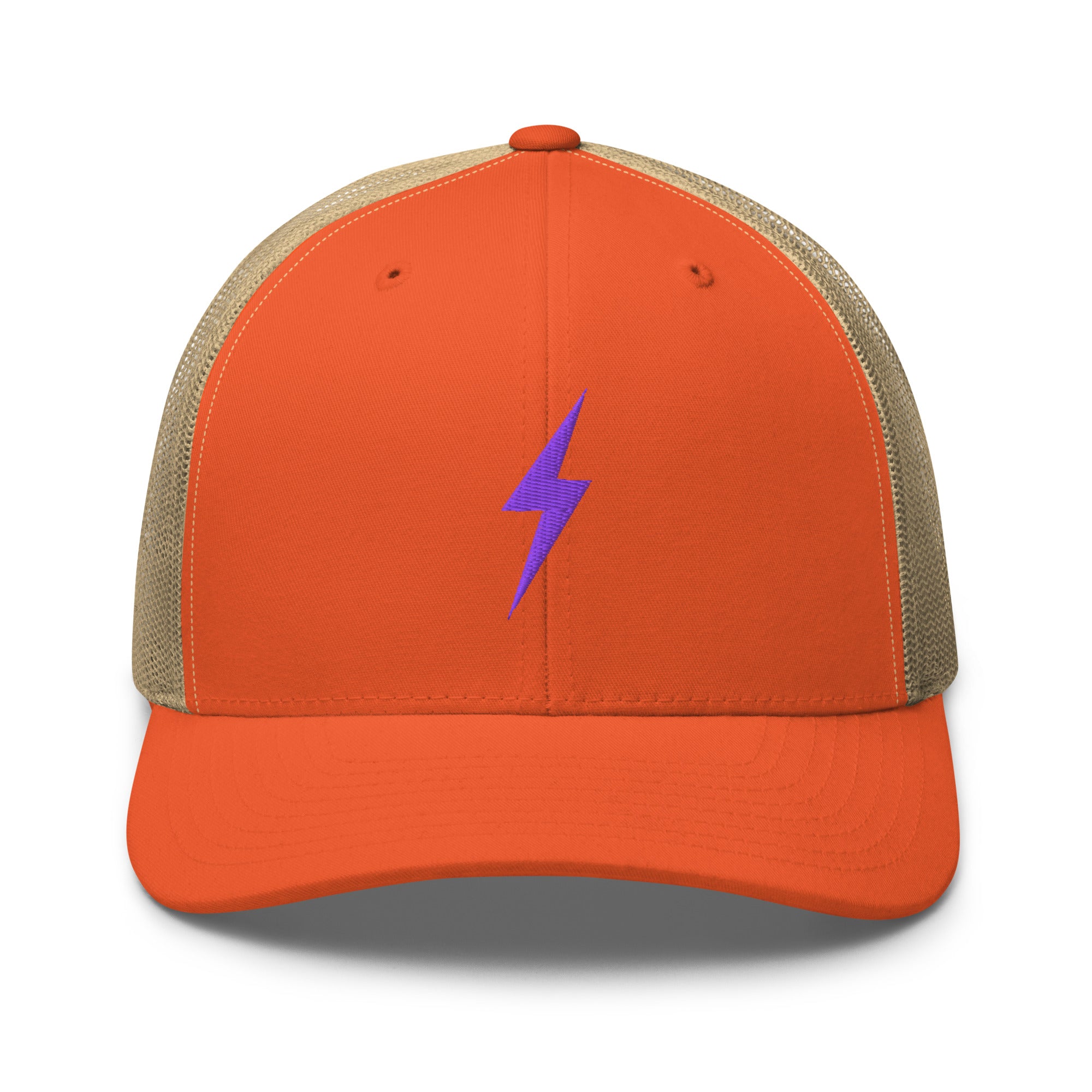 Orange trucker hat with a purple lightning bolt design on front panel