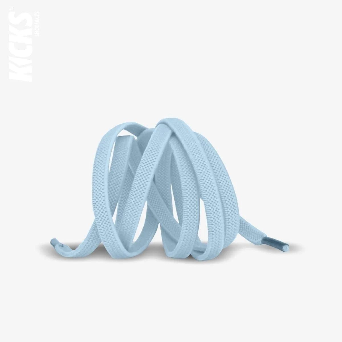 Pastel blue elastic no-tie shoelaces with a buckle lock system installed on sneakers for a secure slip-on fit without tying the laces, by Kicks Shoelaces.