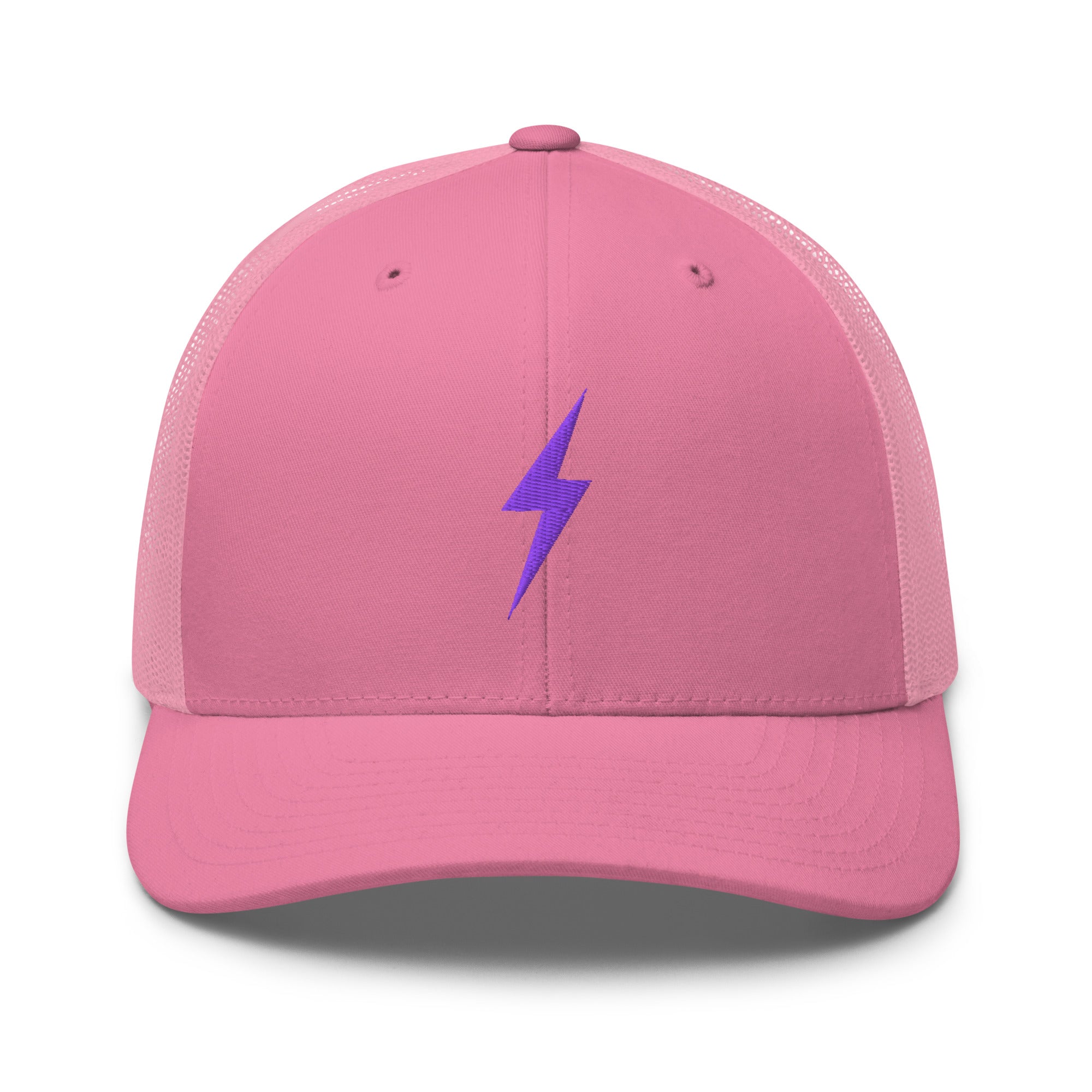 Pink trucker hat with a purple lightning bolt design on front panel