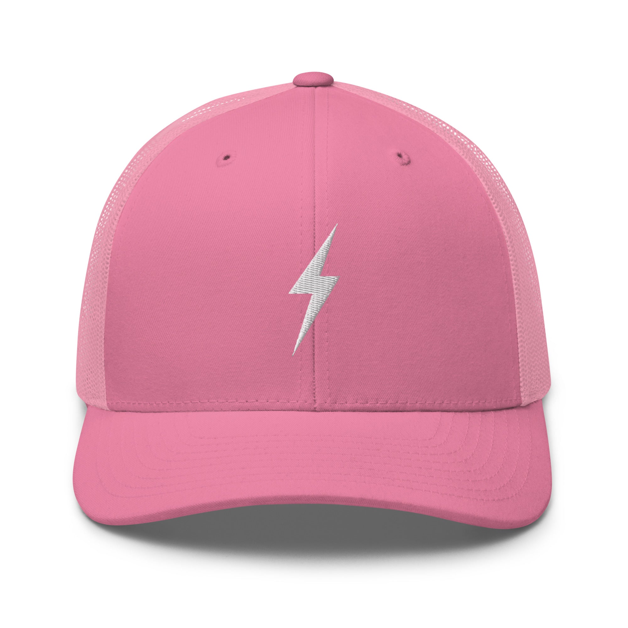 Pink trucker hat with a white lightning bolt design on front panel