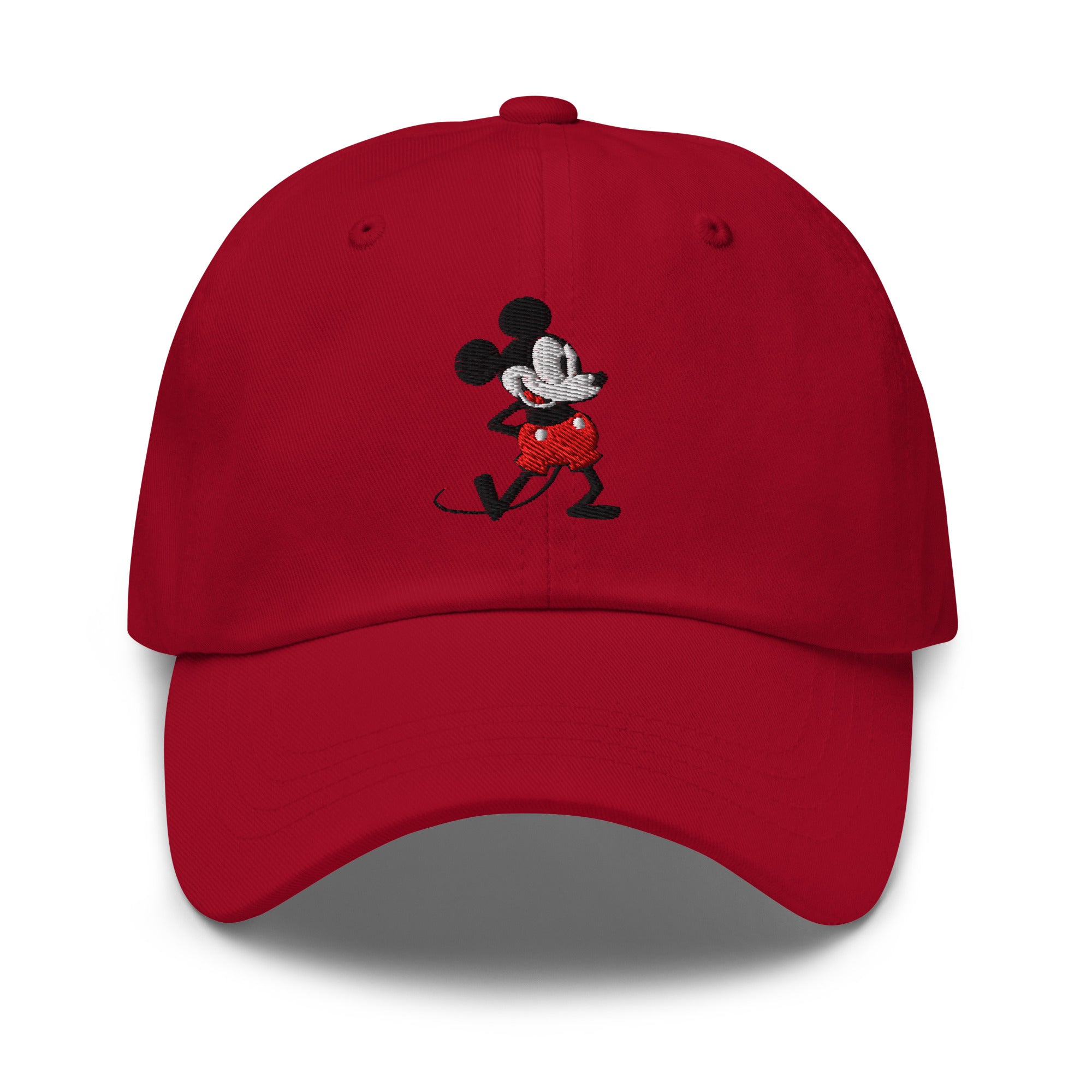 Red dad hat with a 1928 Mickey Mouse embroidered cartoon character.