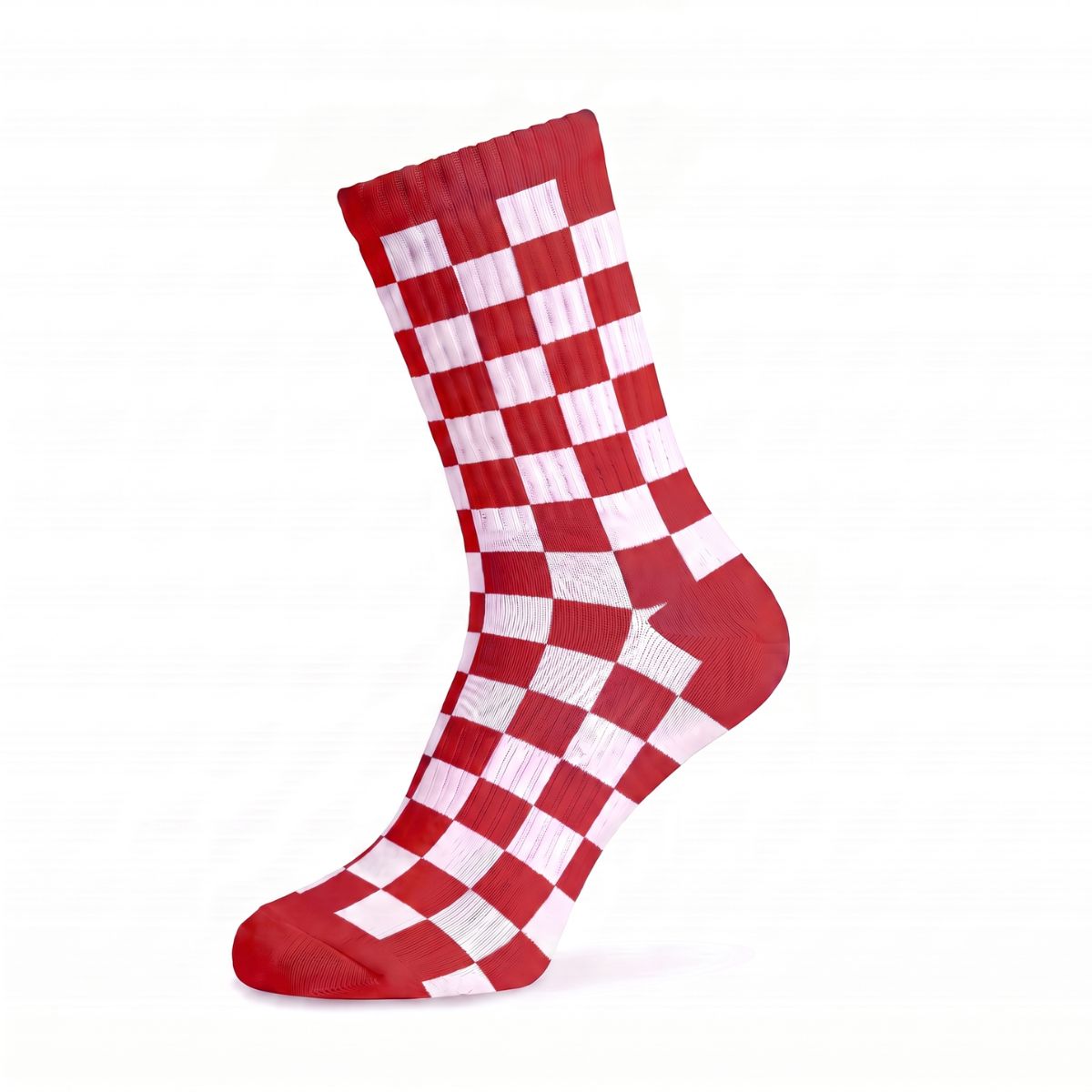 Red and white checkered crew sock isolated product shot