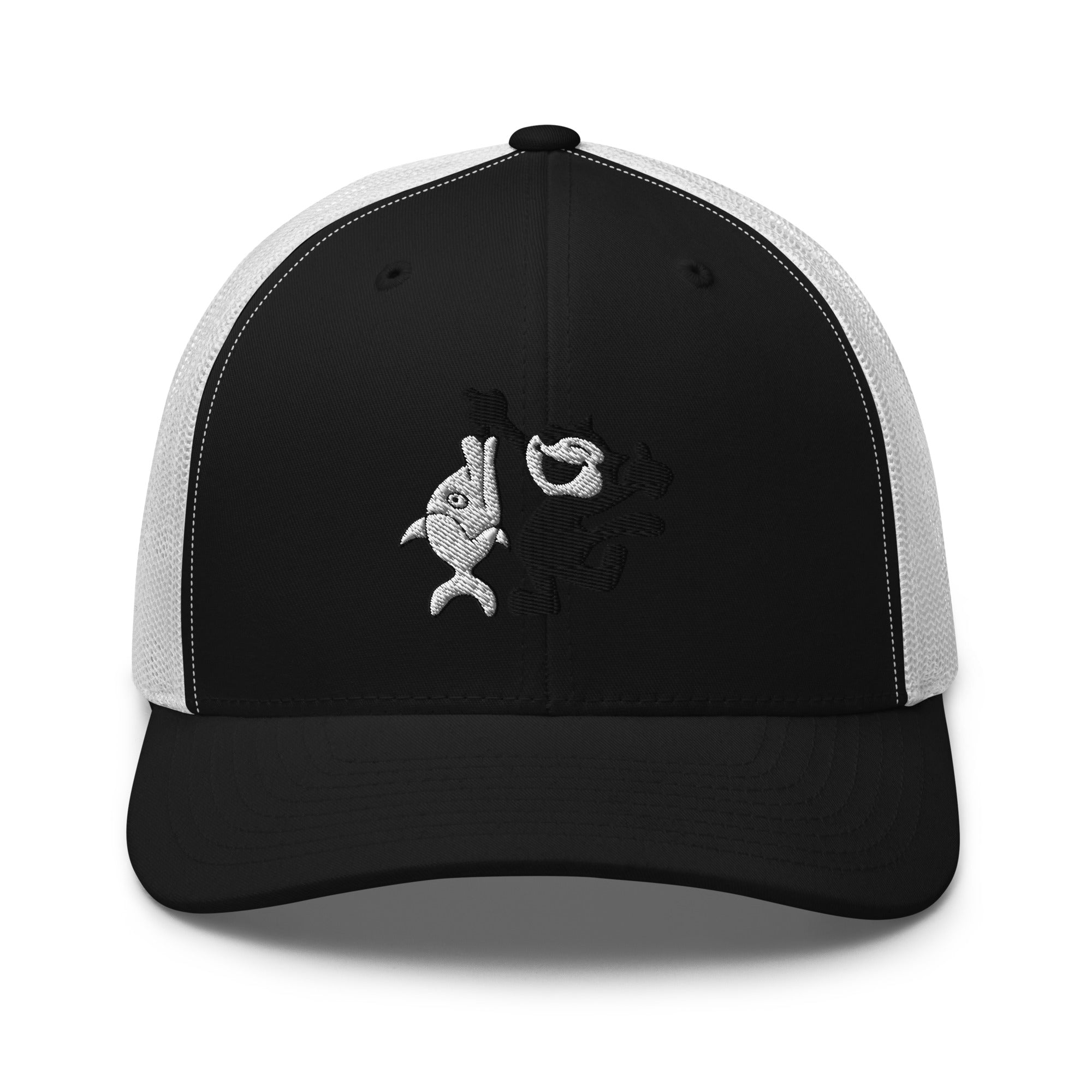 Black and white trucker hat featuring a 1920 Felix the Cat design with a fish from Disney’s early animation era