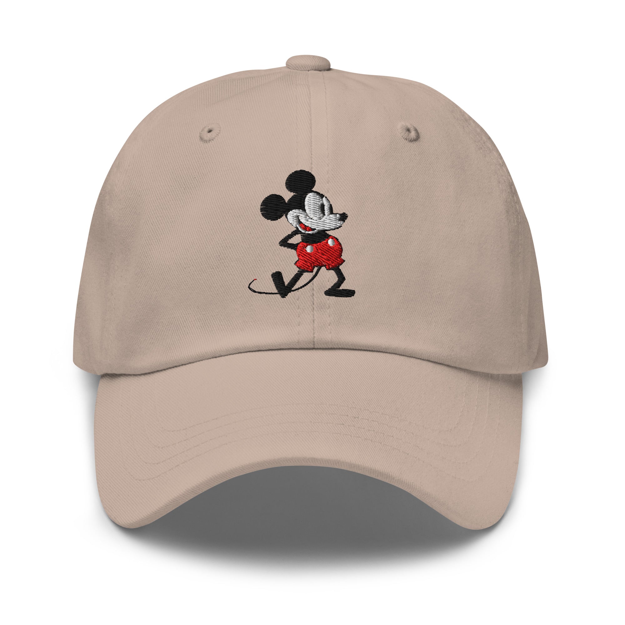 Stone dad hat with a 1928 Mickey Mouse embroidered cartoon character.