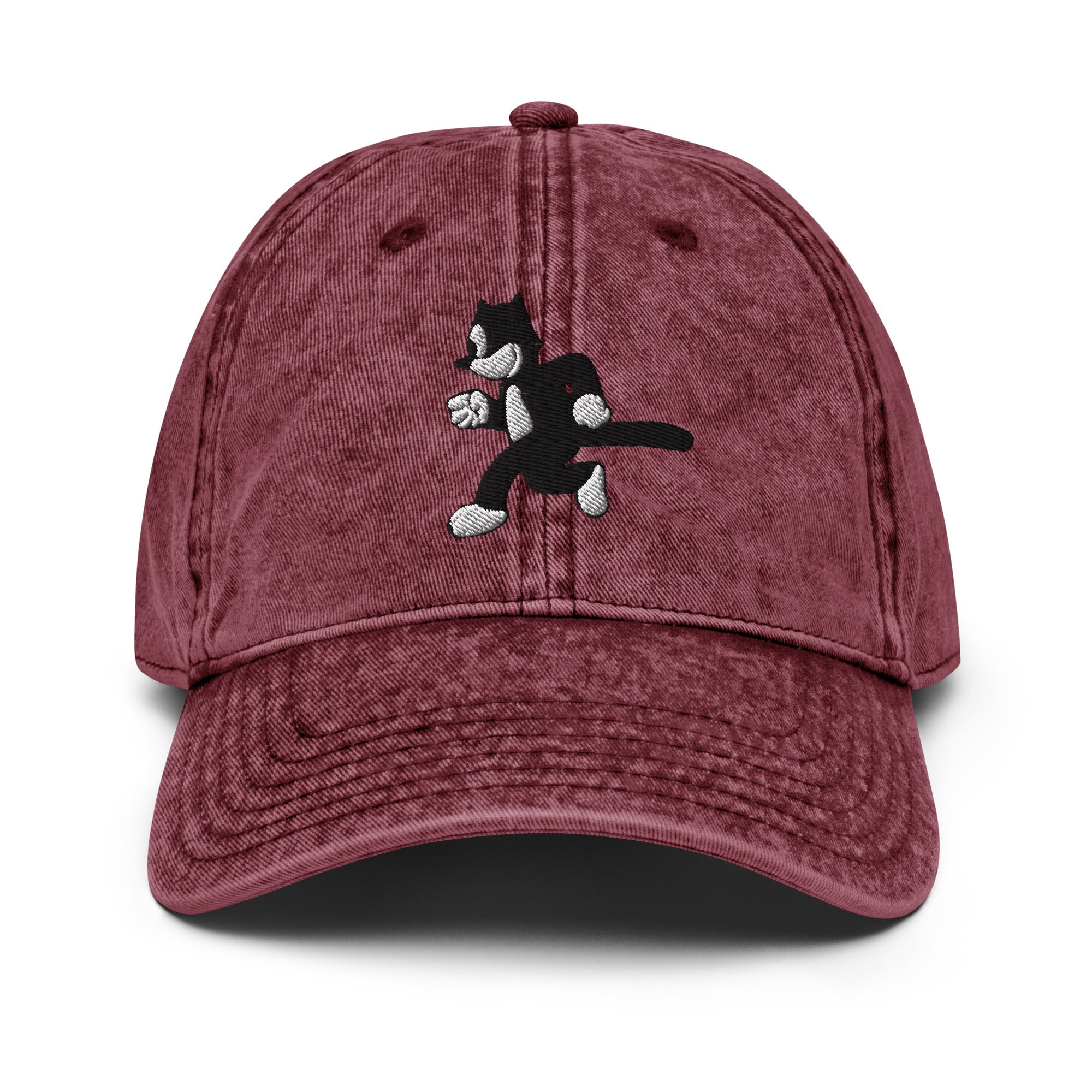 Maroon vintage baseball cap featuring a 1925 Julius the Cat design from Disney’s early animation era
