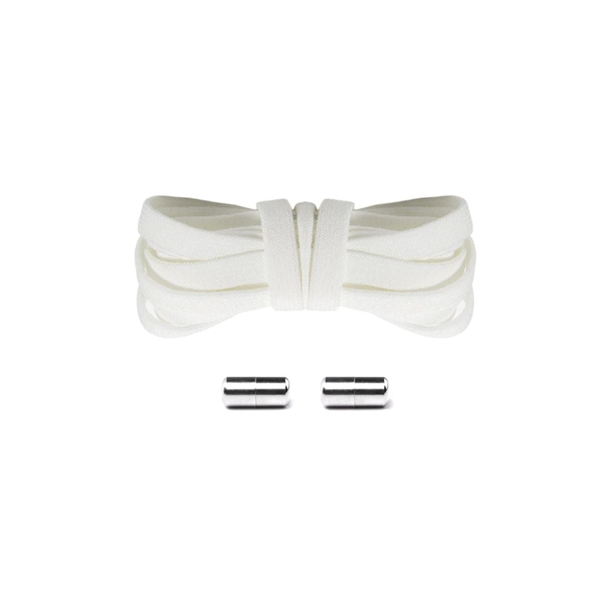 White elastic no-tie shoelaces with silver capsule lock system for a premium all-black sneaker finish, easy slip-on fit.