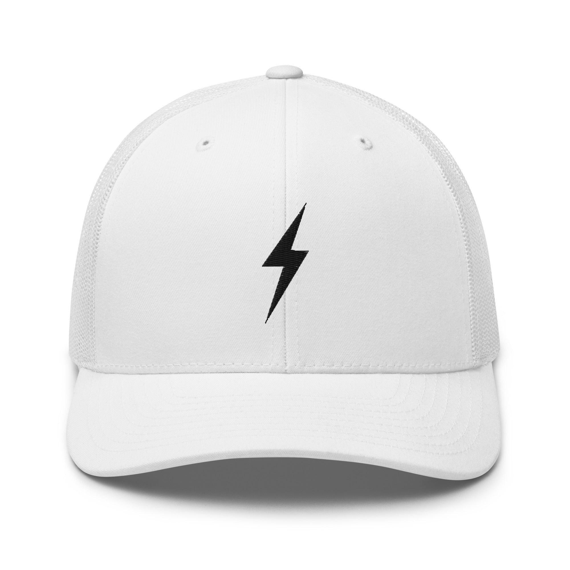 White trucker hat with a black lightning bolt design on front panel