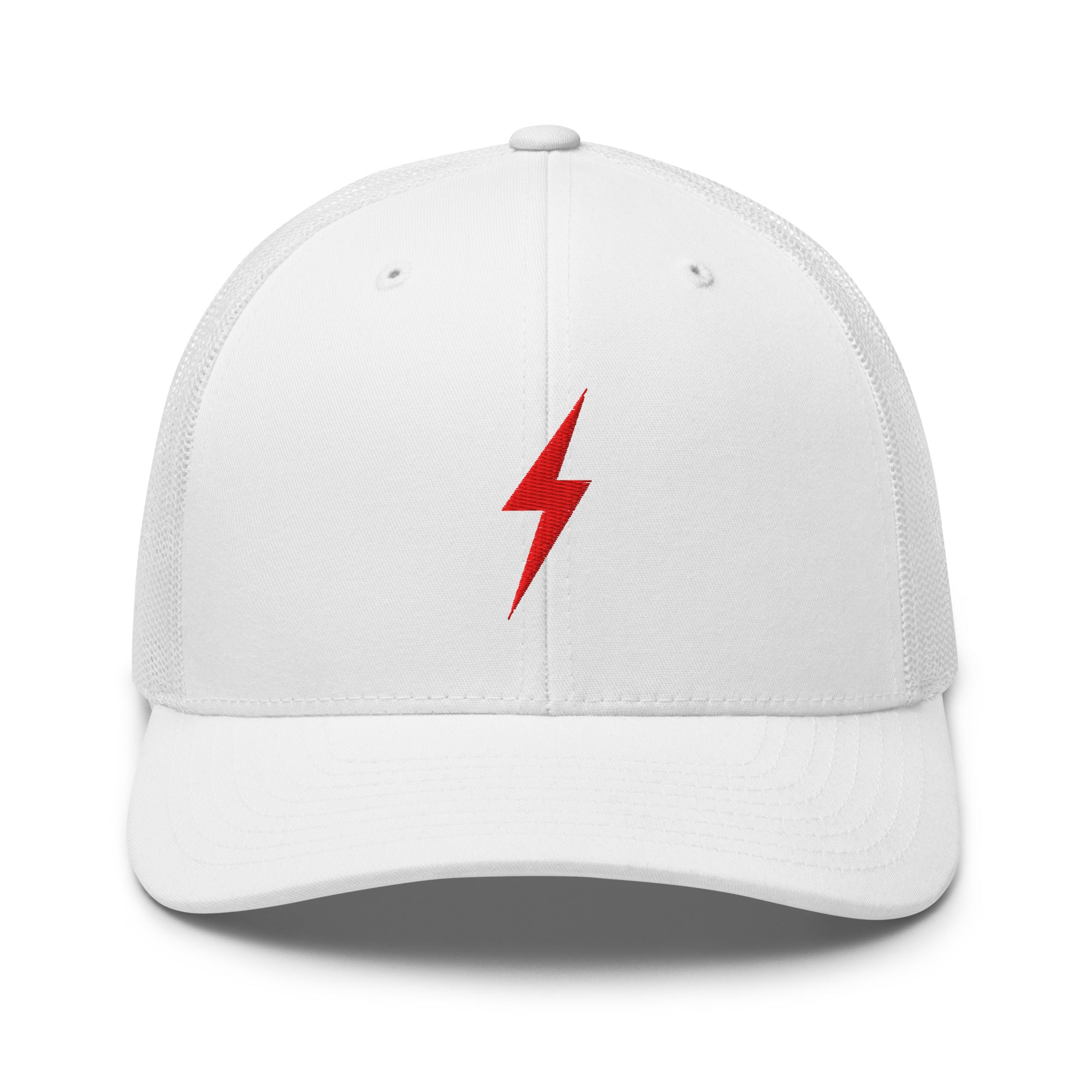 White trucker hat with a white lightning bolt design on front panel