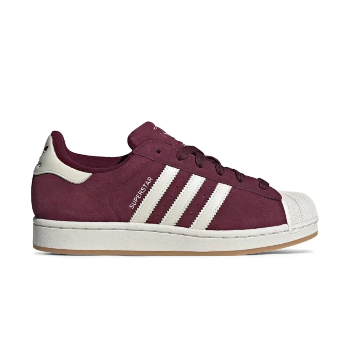 Burgundy replacement laces on classic adidas Superstar sneakers by Kicks Shoelaces