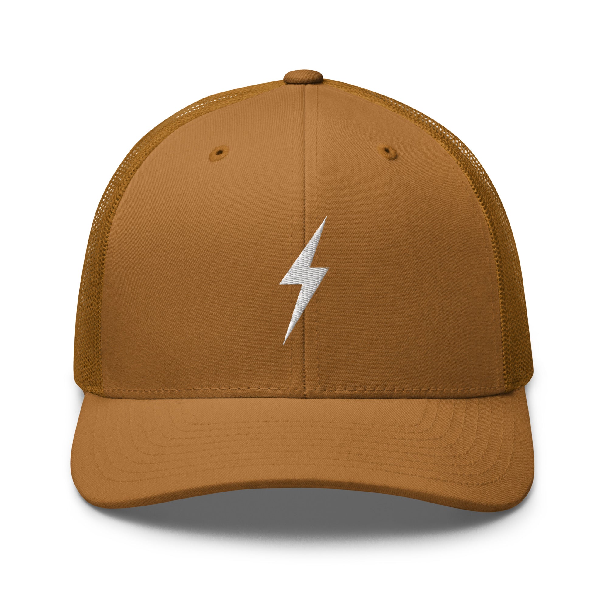 Caramel trucker hat with an embroidered white lightning bolt design on the front panel
