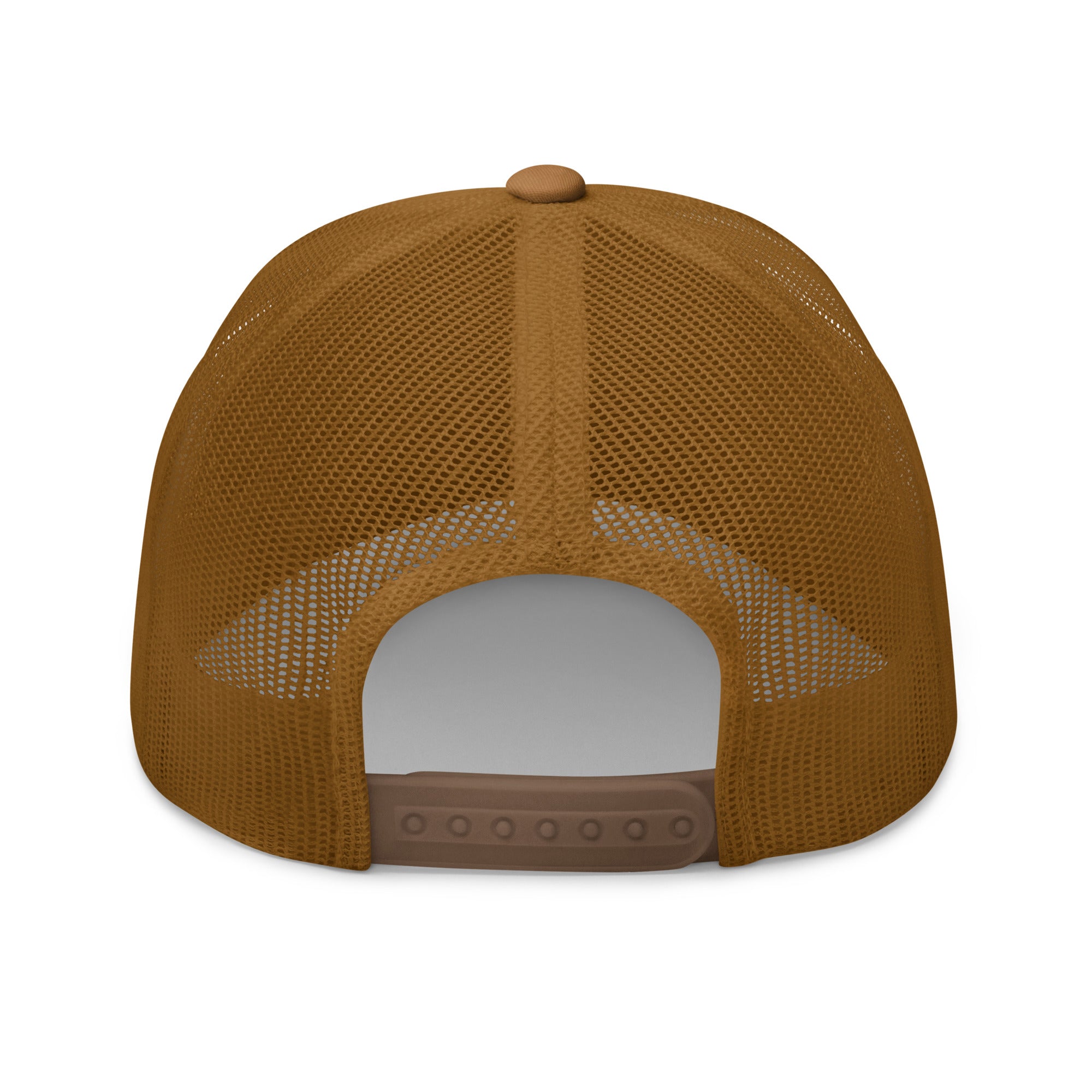 Rear view of caramel truckers hat with adjustable snapback closure