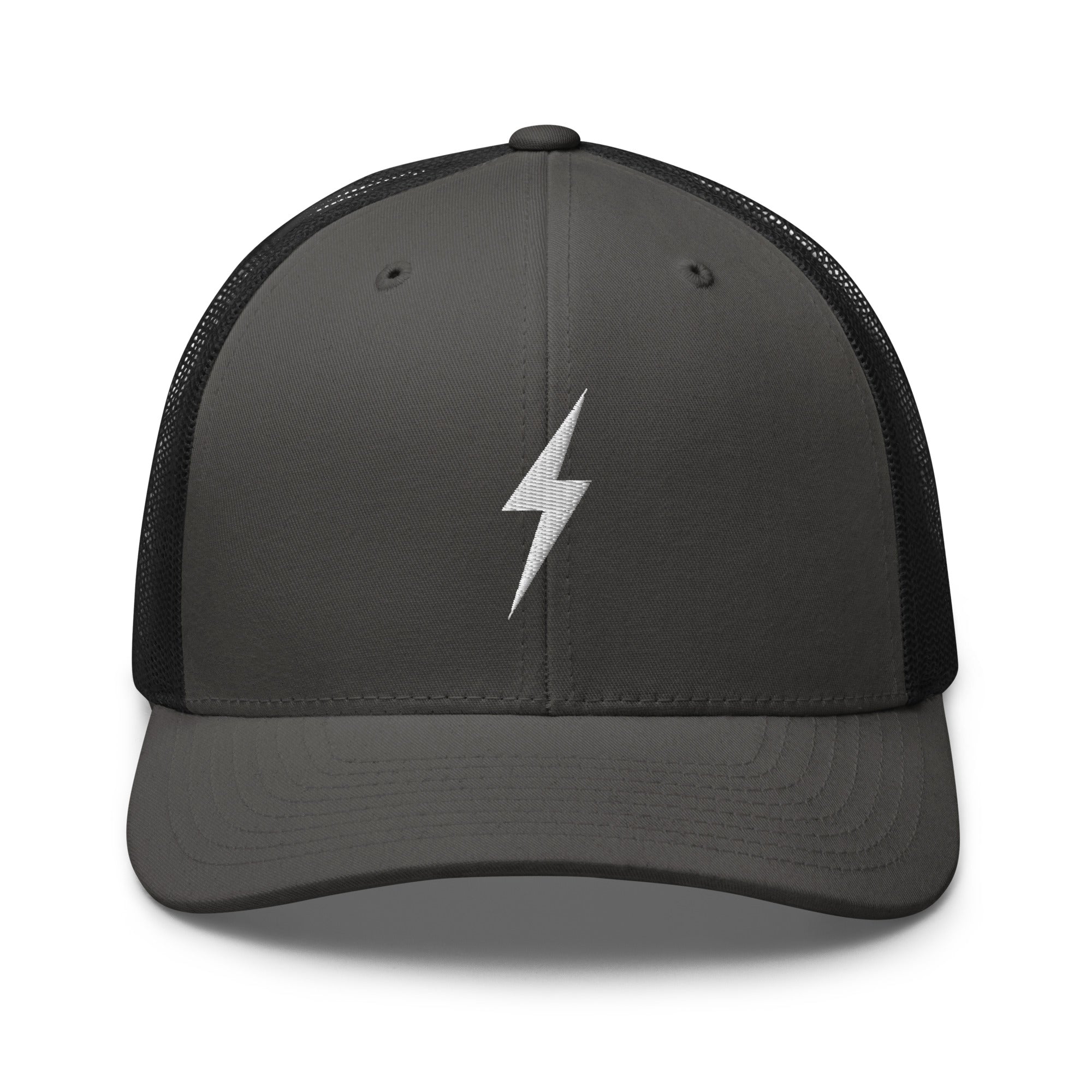 Charcoal and black trucker hat with an embroidered white lightning bolt design on the front panel