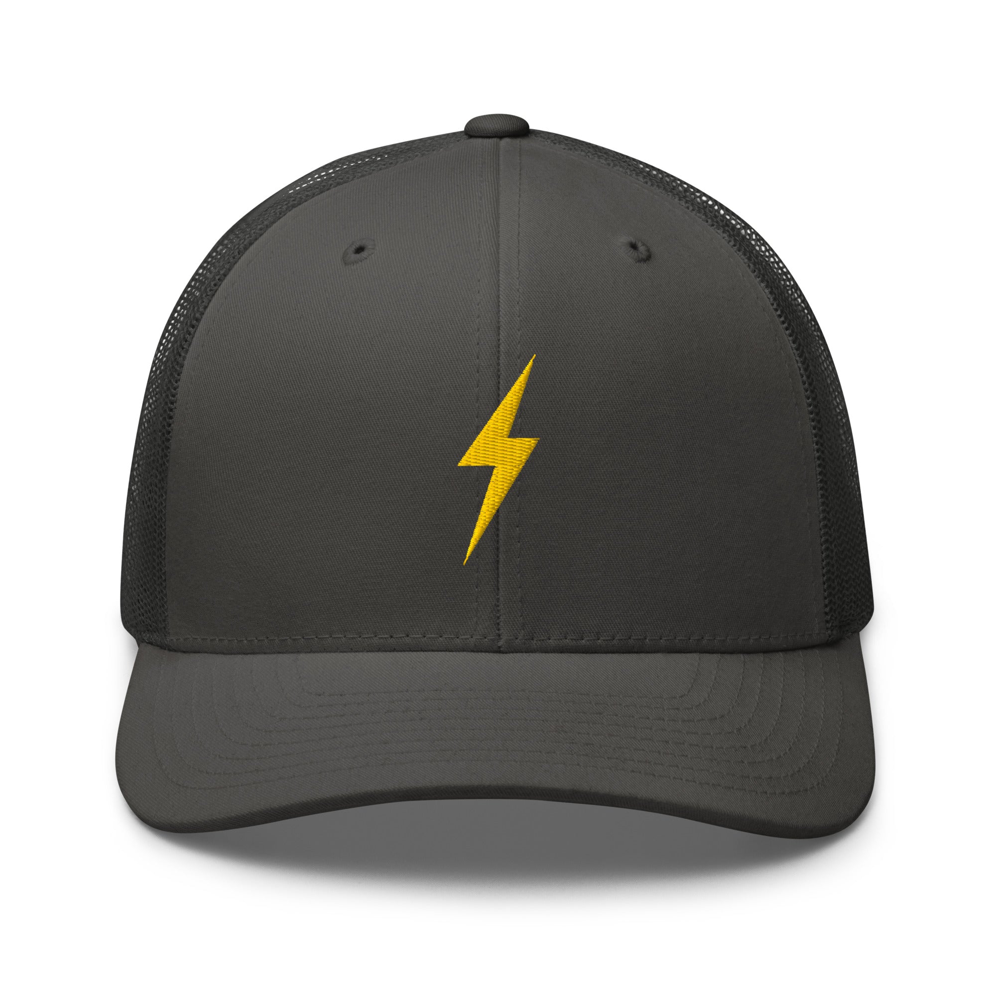 Charcoal trucker hat with a yellow  lightning bolt design on front panel