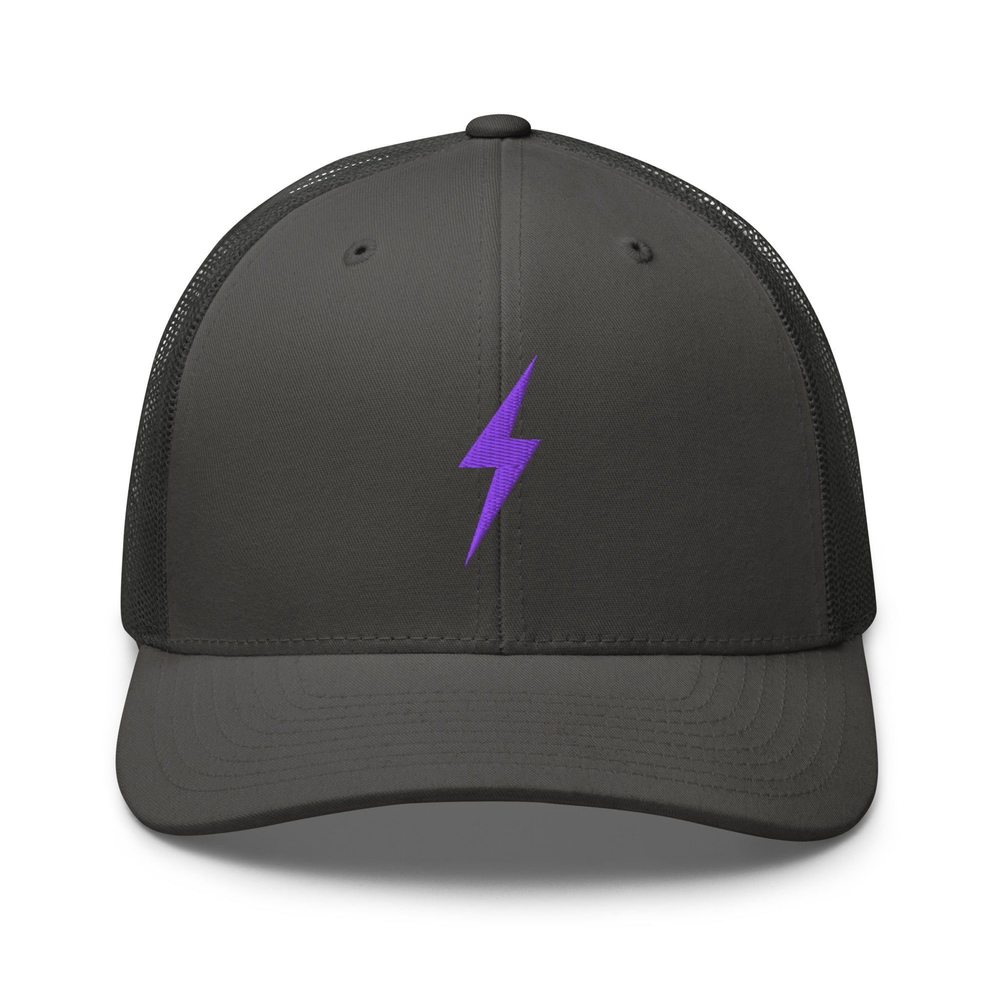 Charcoal trucker hat with an embroidered purple lightning bolt design on the front panel