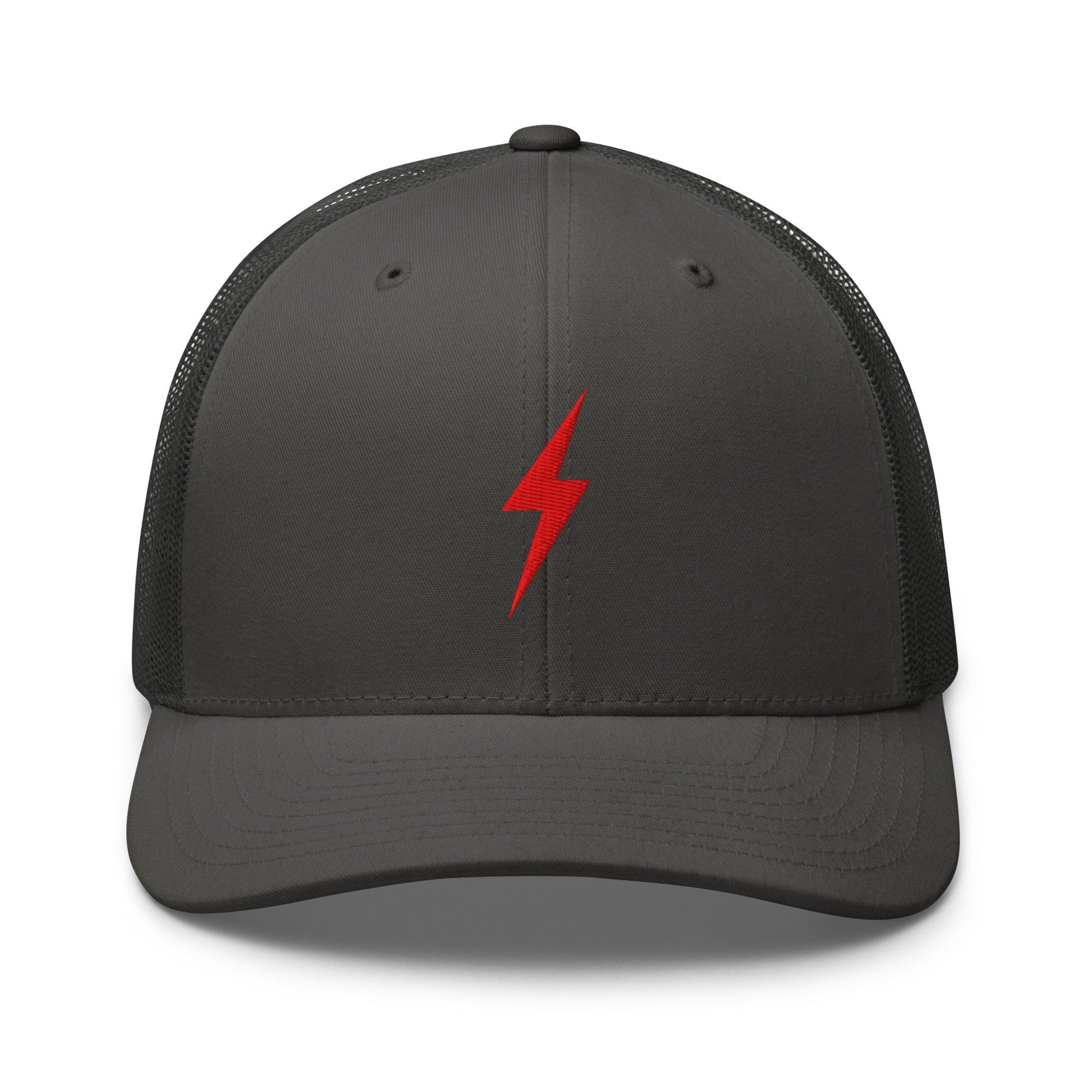 Charcoal trucker hat with an embroidered red lightning bolt design on the front panel