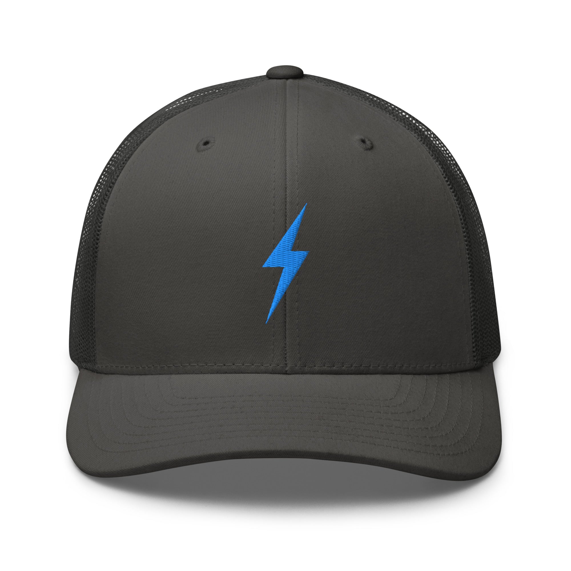 Charcoal trucker hat with an embroidered sky blue lightning bolt design on the front panel