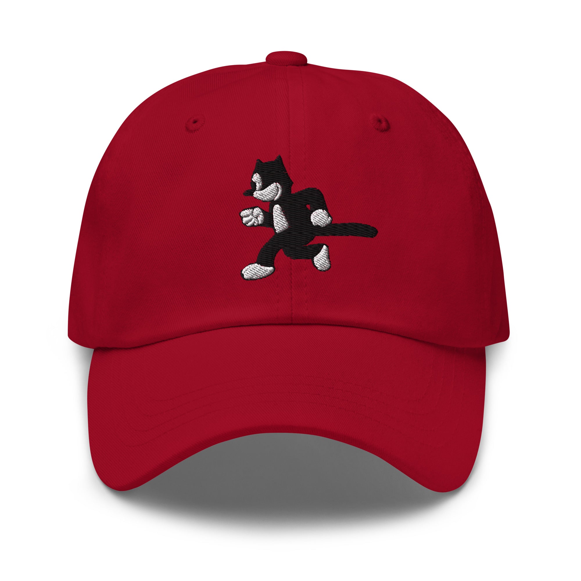 Red dad hat featuring a 1925 Julius the Cat design from Disney’s early animation era