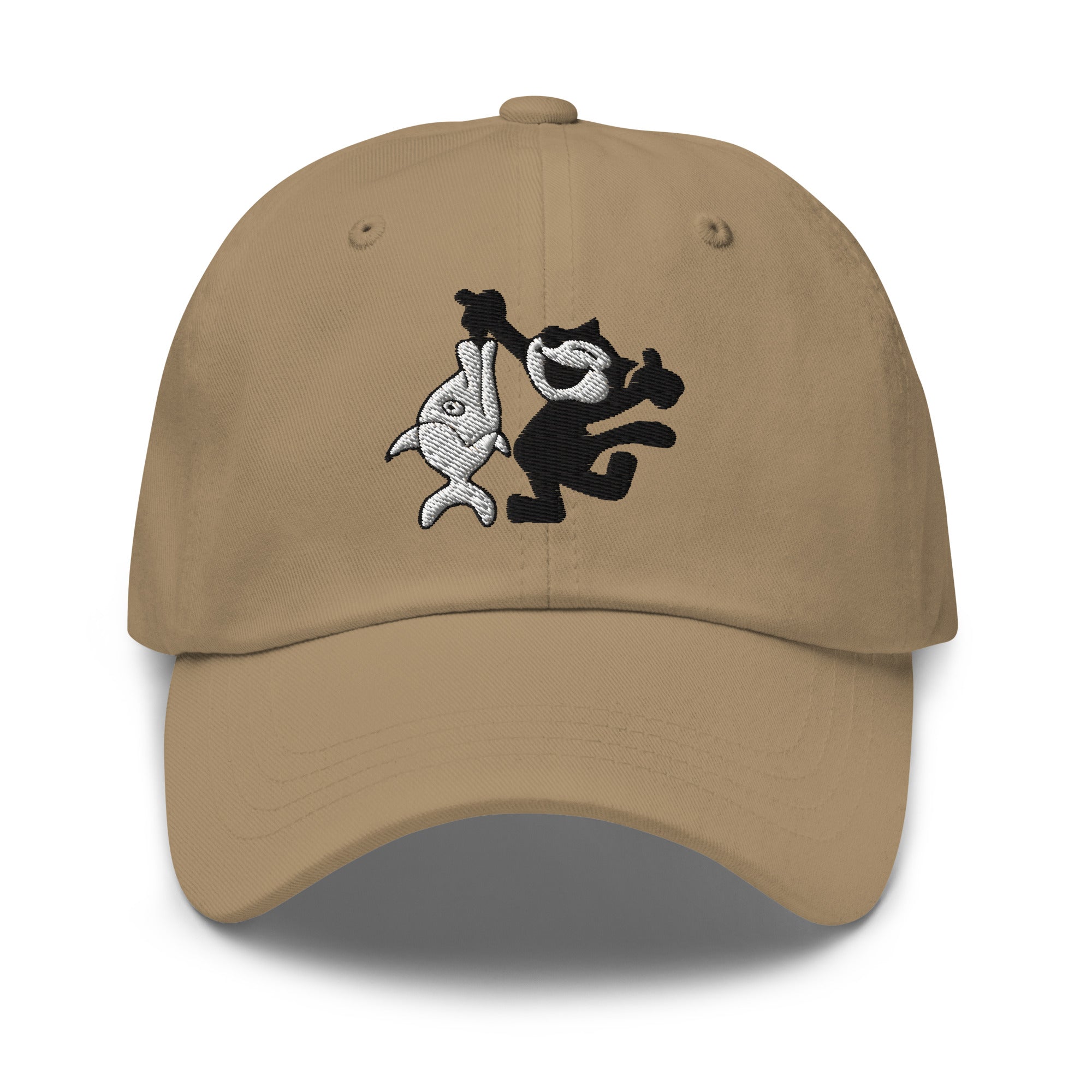 Khaki dad hat featuring a 1920 Felix the Cat fishing design from Disney’s early animation era