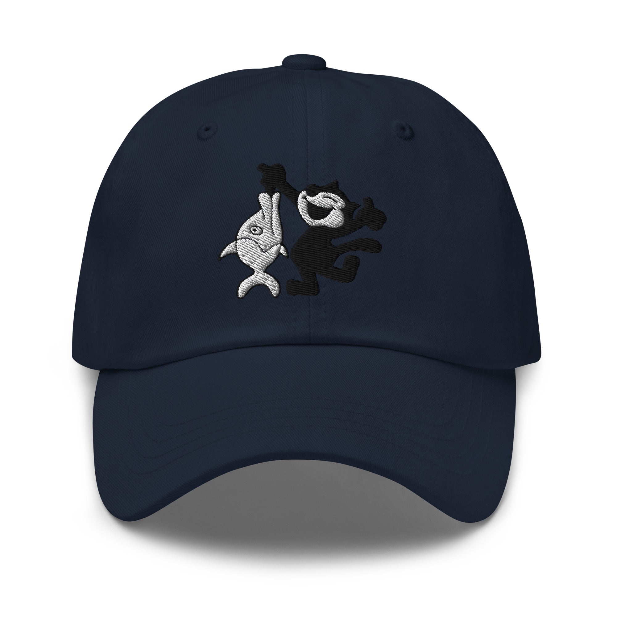 Navy dad hat featuring a 1920 Felix the Cat fishing design from Disney’s early animation era