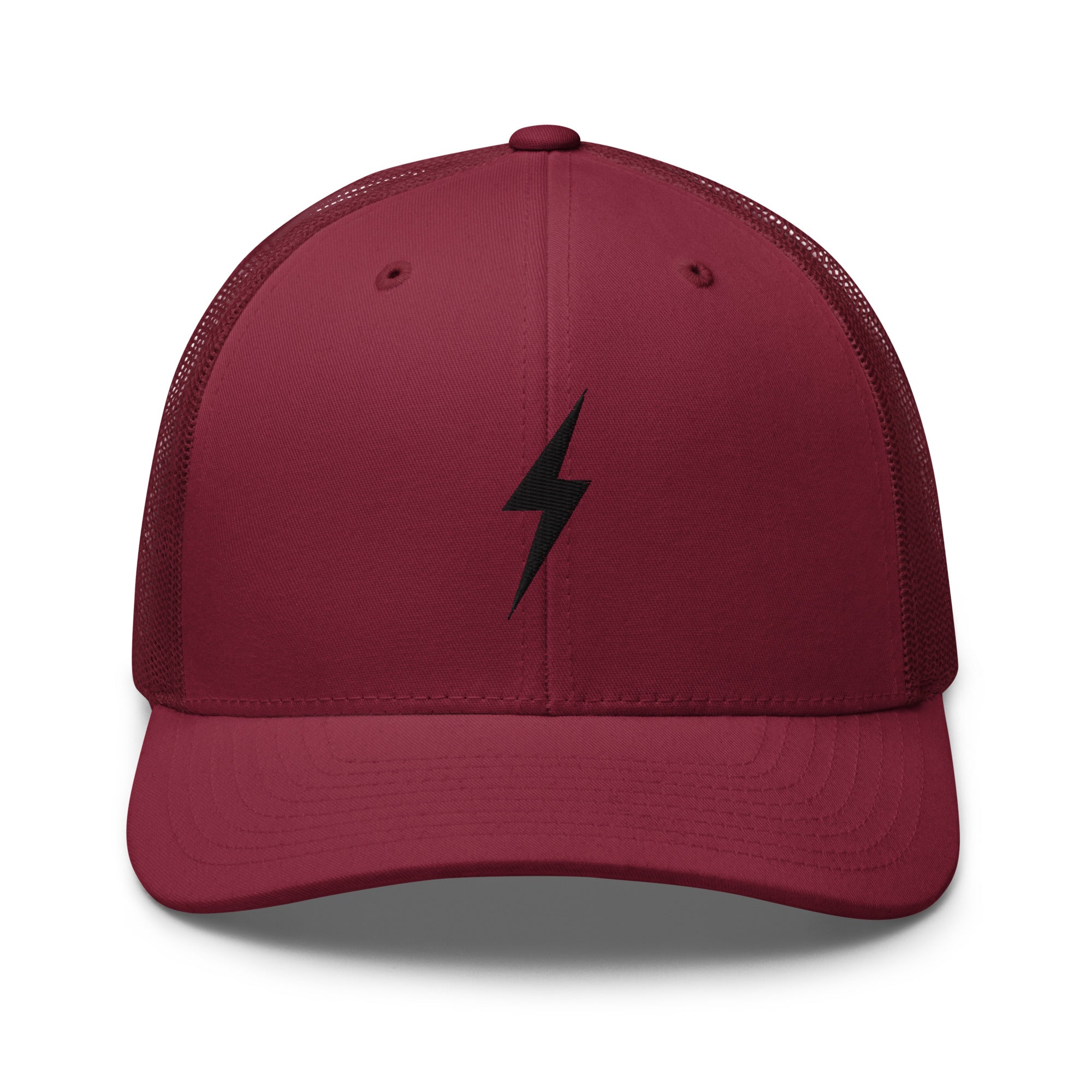 Cranberry trucker hat with a black lightning bolt design on front panel