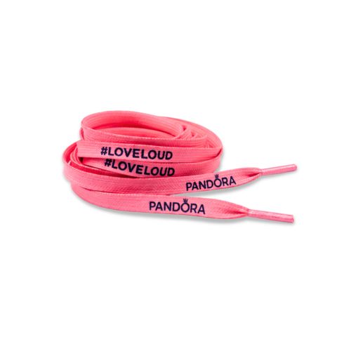 Bright pink shoelaces printed with '#LOVELOUD' and 'PANDORA' in black, coiled on a white background.