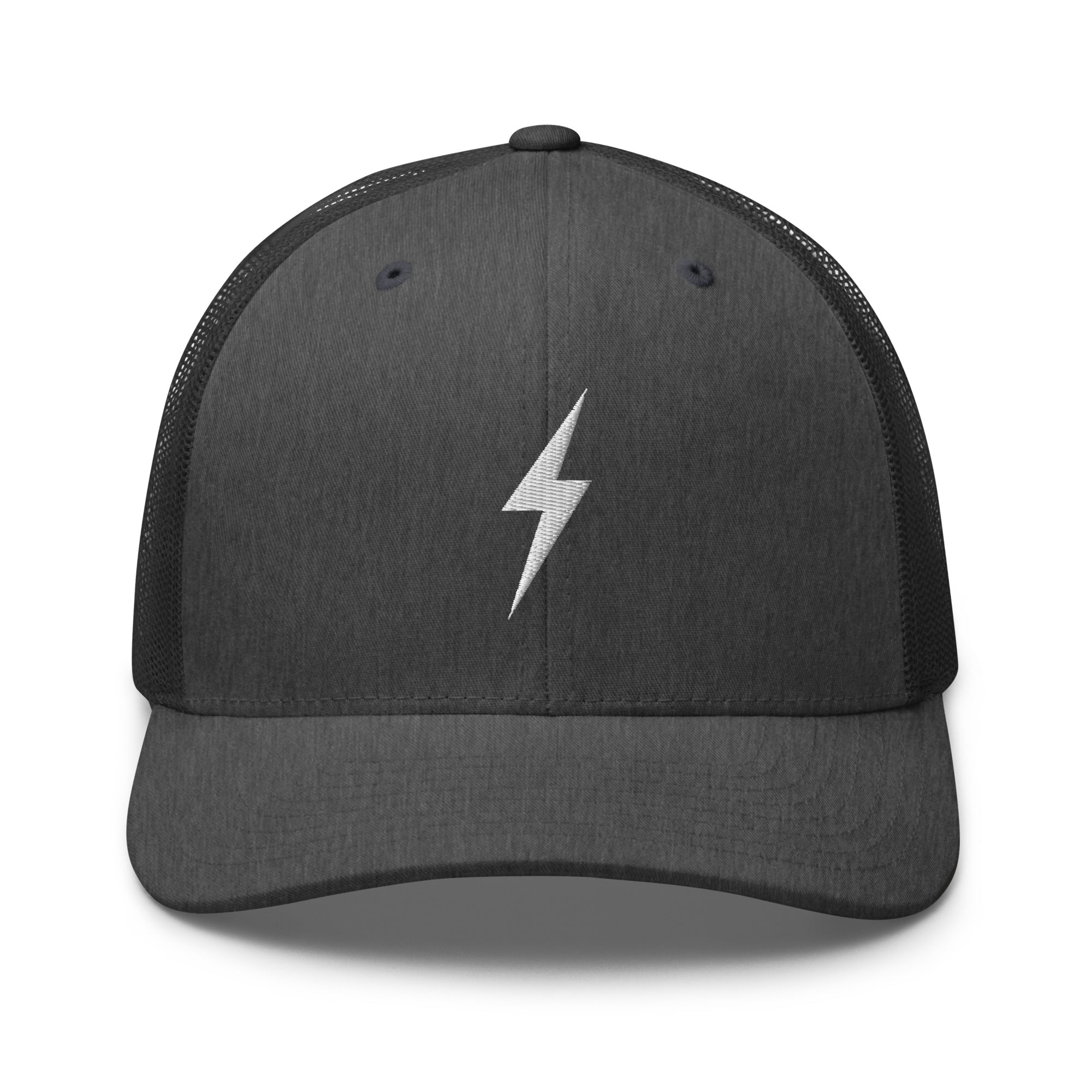 Dark grey trucker hat with an embroidered white lightning bolt design on the front panel