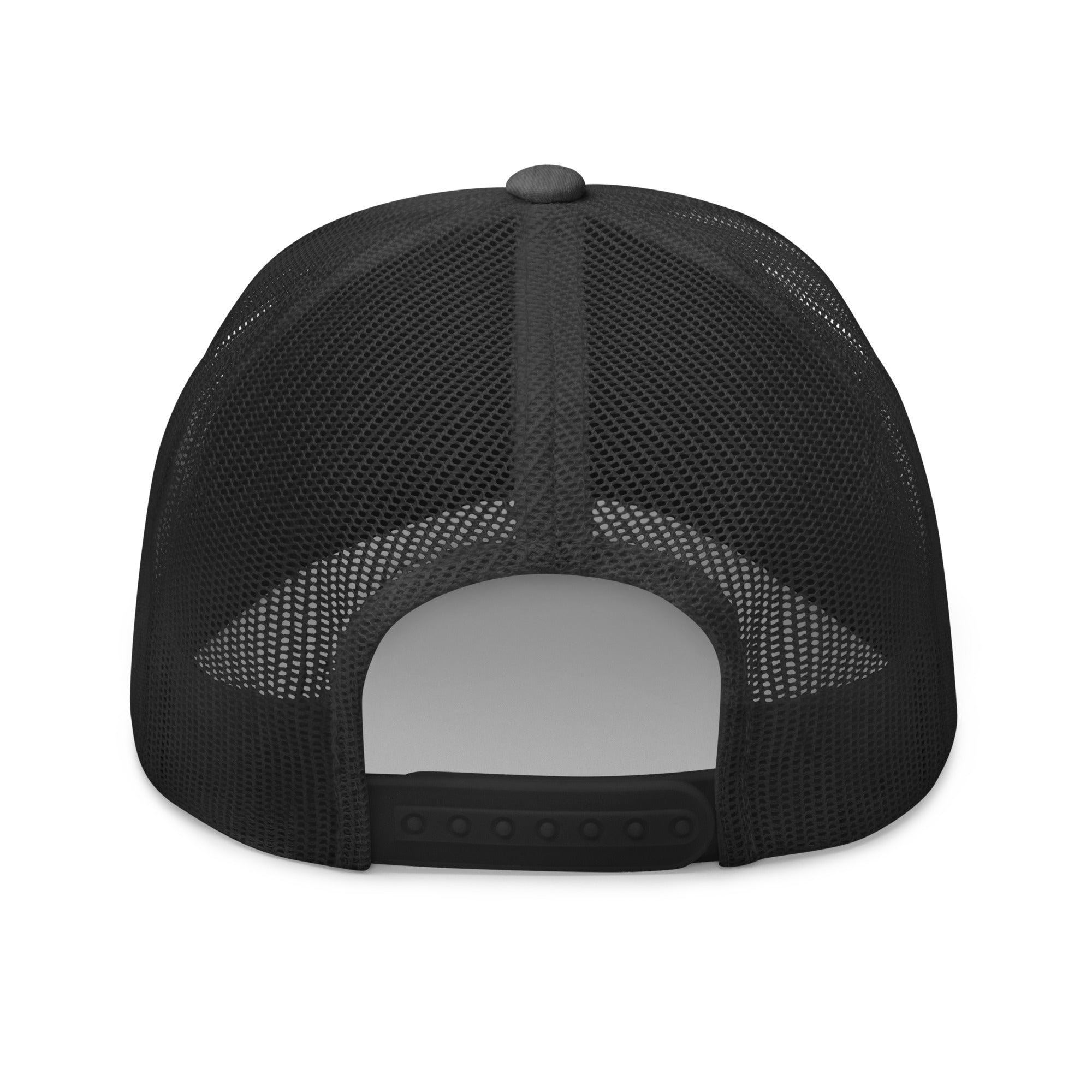 Rear view of dark heather grey truckers cap with black star, adjustable snapback closure