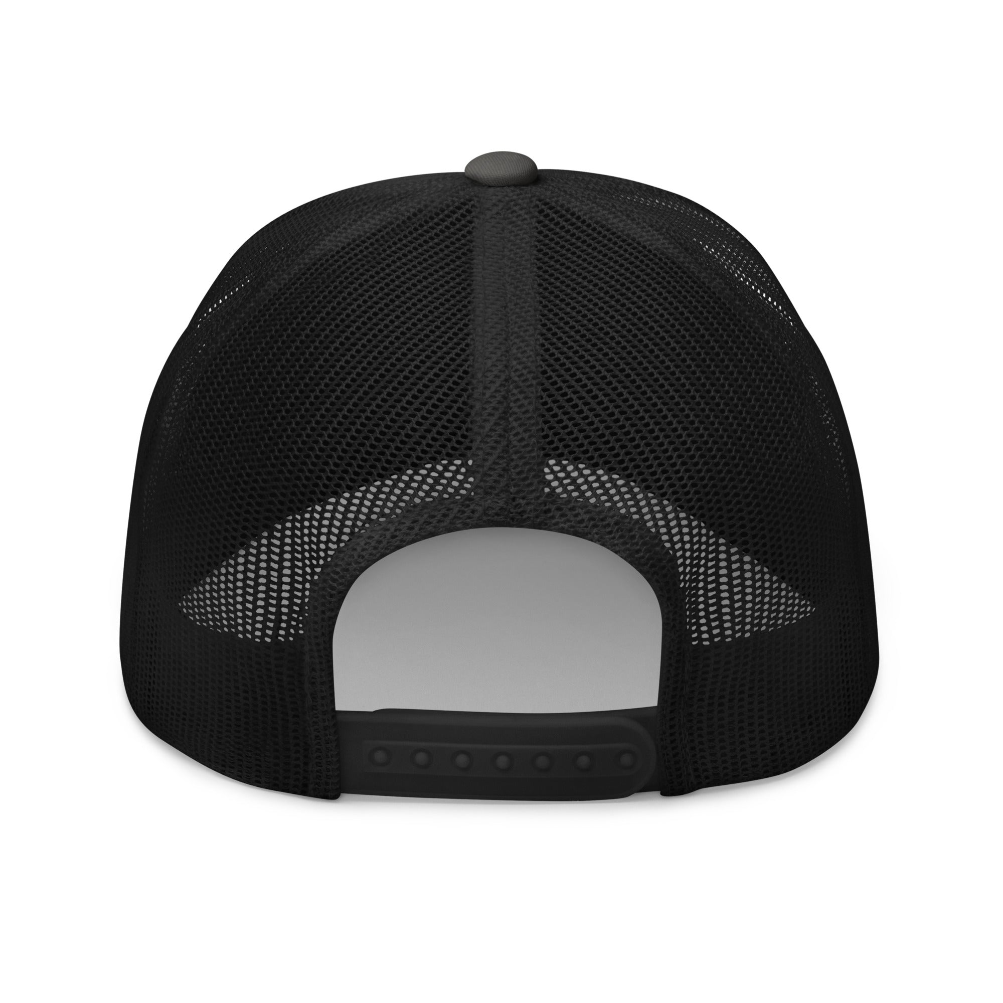 Rear view of Gold Star charcoal and black Trucker Cap with adjustable snapback closure