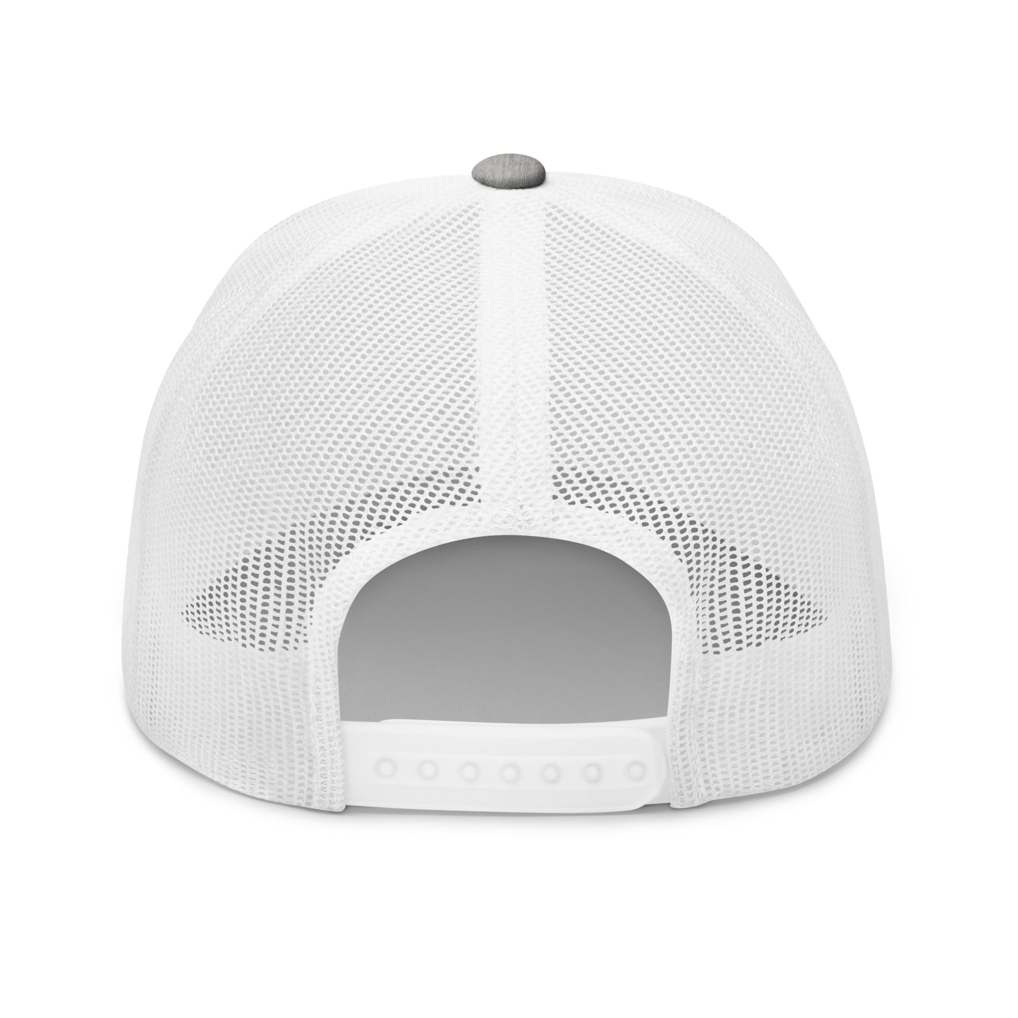Rear view of Gold Star heather and grey Trucker Cap with adjustable snapback closure