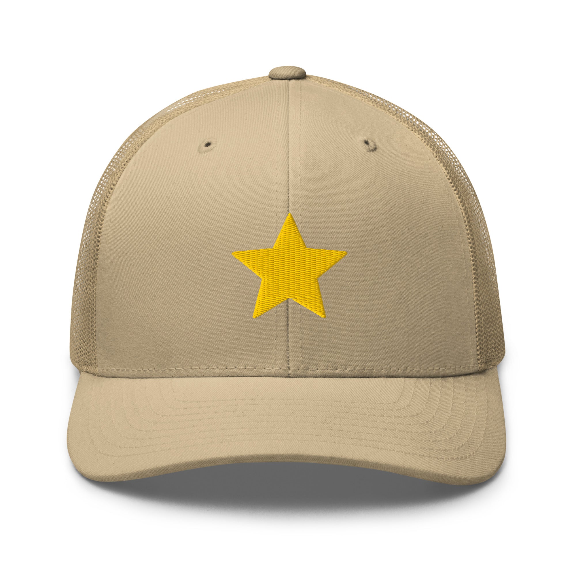 Gold Star khaki Trucker Cap with structured front, mesh back, and embroidered gold star detail by Kicks Shoelaces