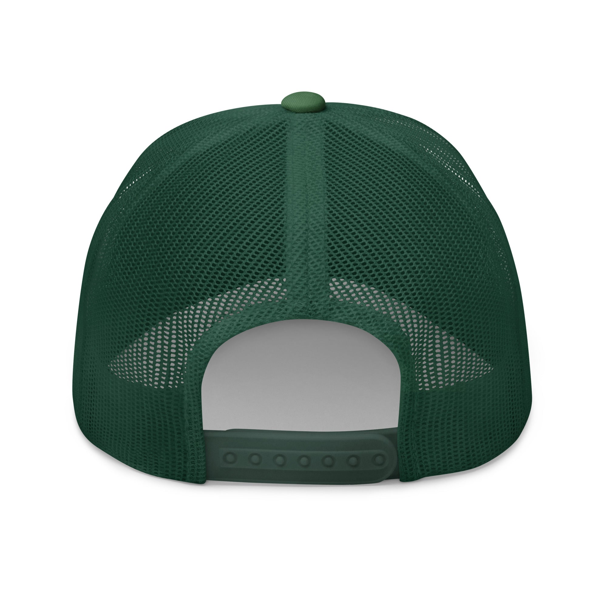 Rear view of green truckers cap with black star, adjustable snapback closure