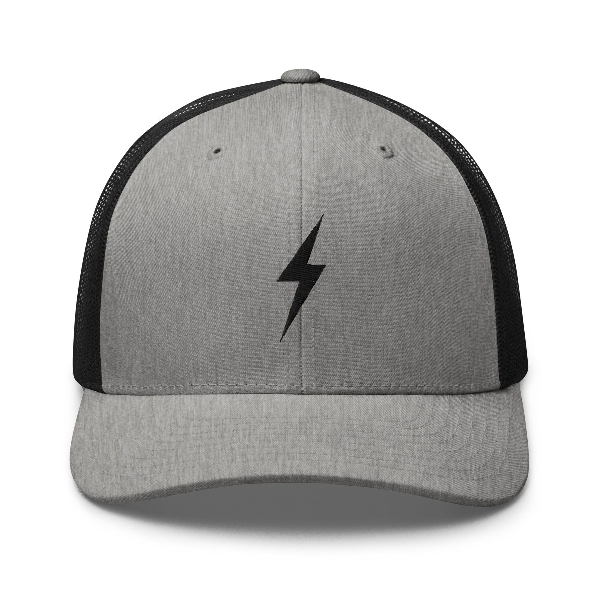 Grey and black trucker hat with a black lightning bolt design on front panel